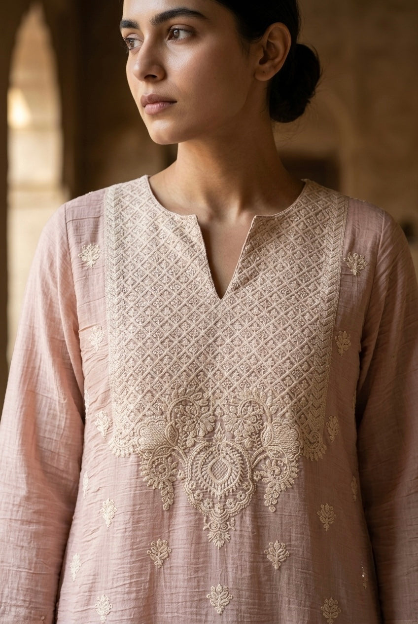 Pastel Pink Mul-Chanderi Kurta Set