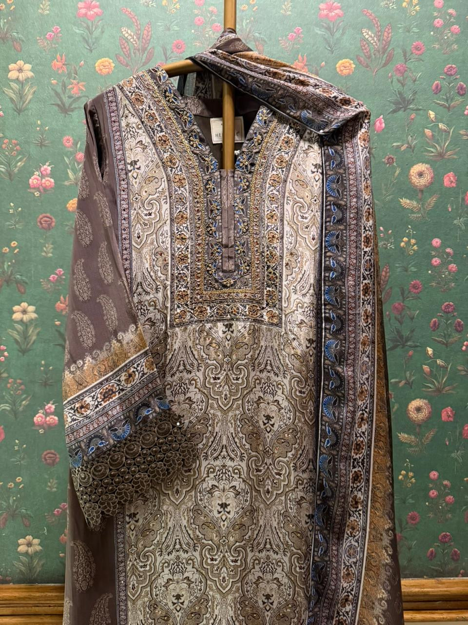 Mocha Brown Pure Crepe Suit Set | HER-633