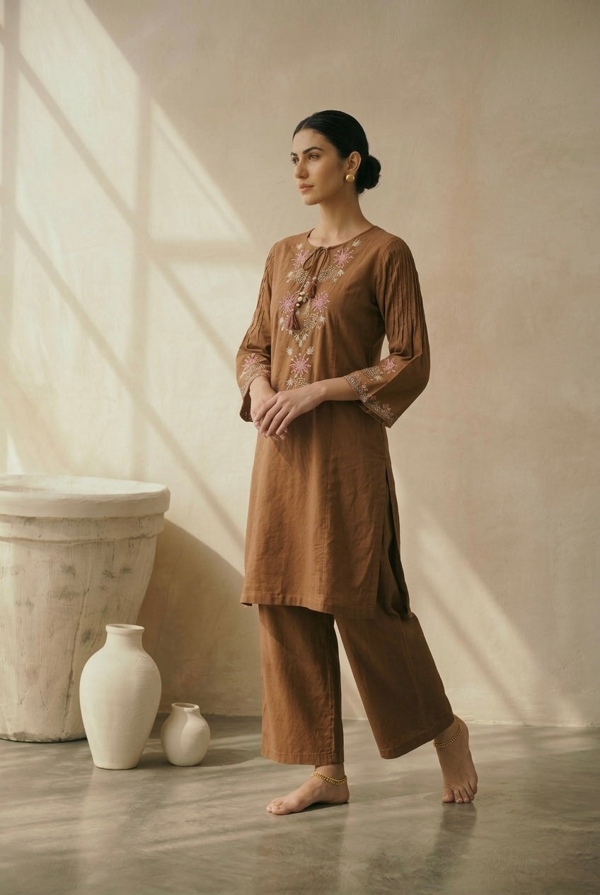 Caramel Brown Embroidered A-Line Kurta Set | HER-723