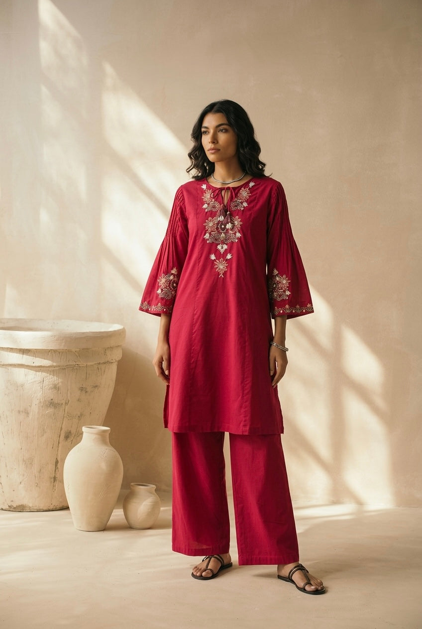 Raspberry Red Embroidered A-Line Kurta Set | HER-723