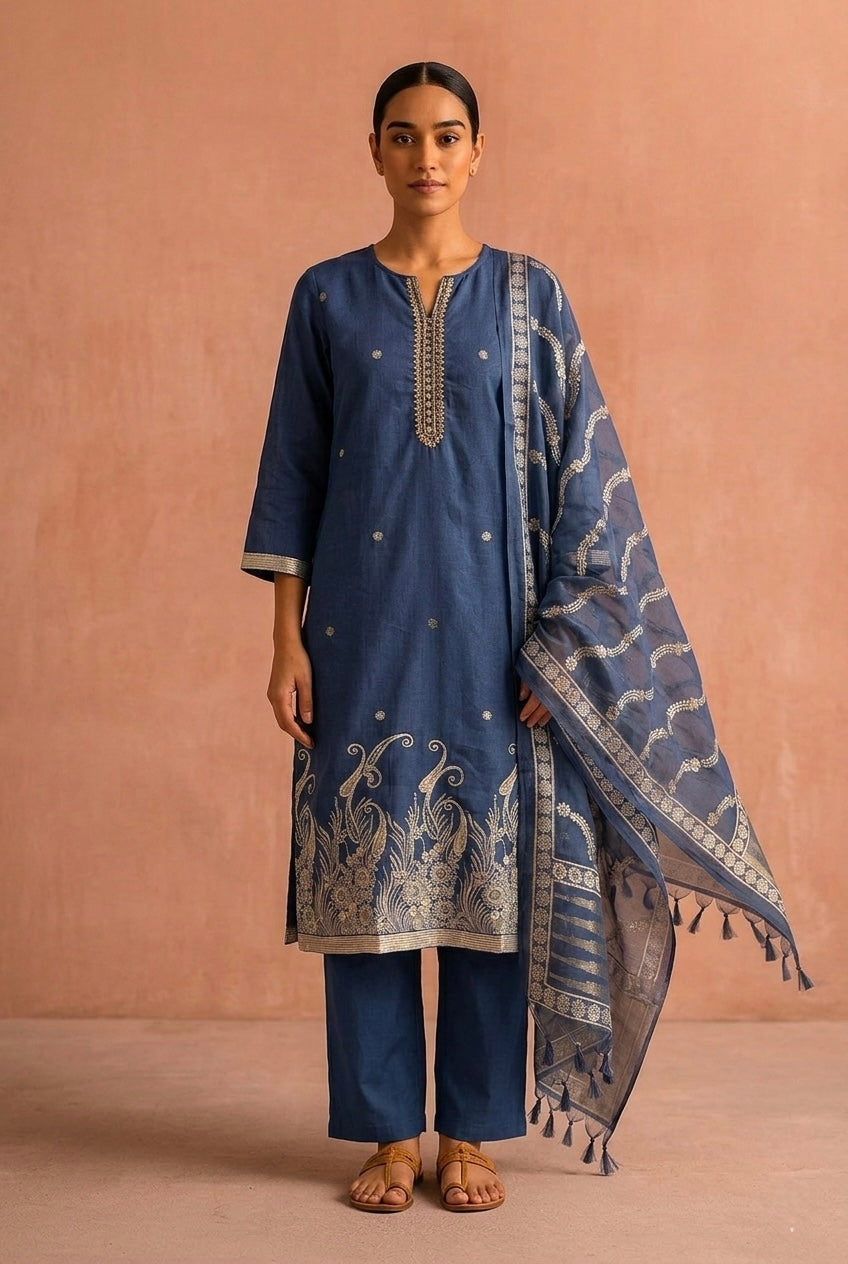 Blue Chanderi Suit Set | HER-618