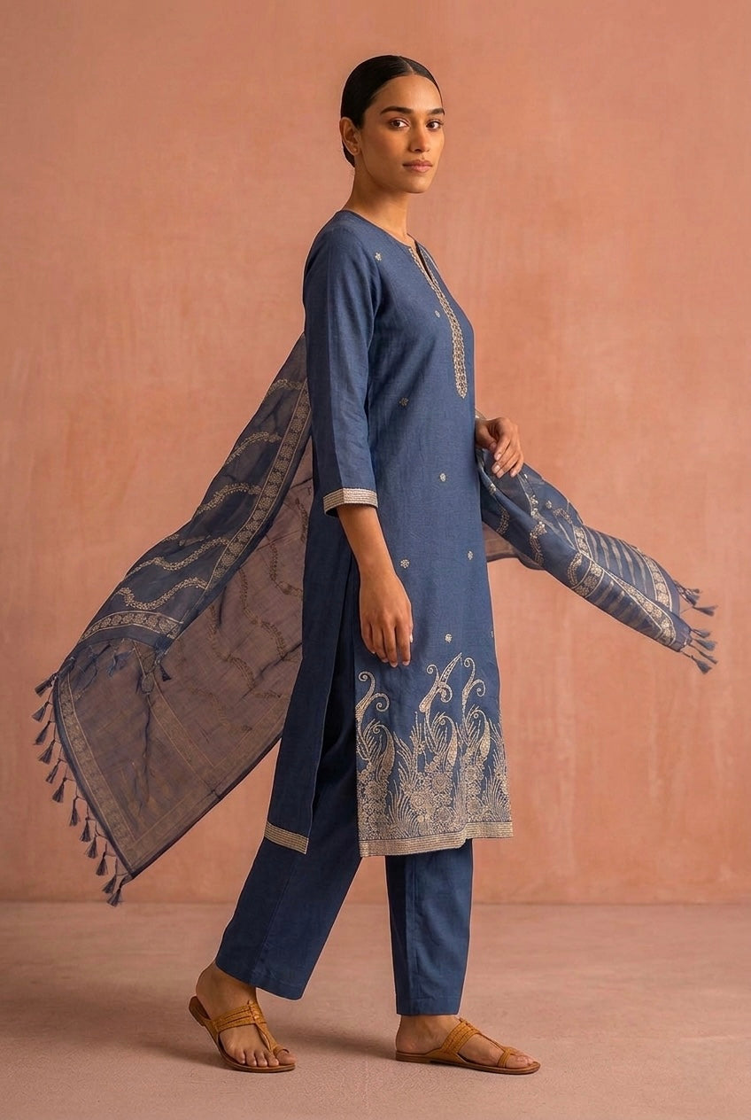 Blue Chanderi Suit Set | HER-618