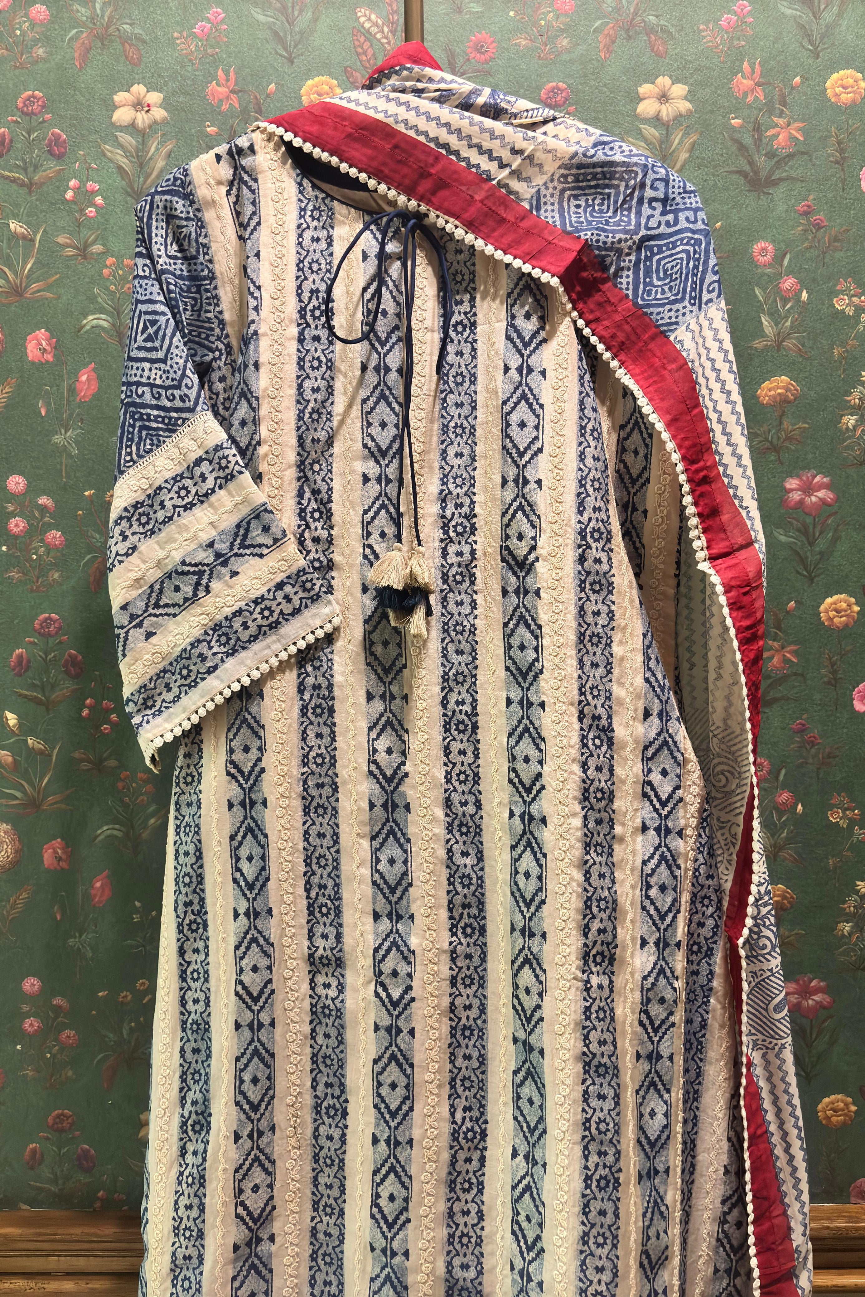 Blue Bamboo Silk A-line Suit Set | HER-446