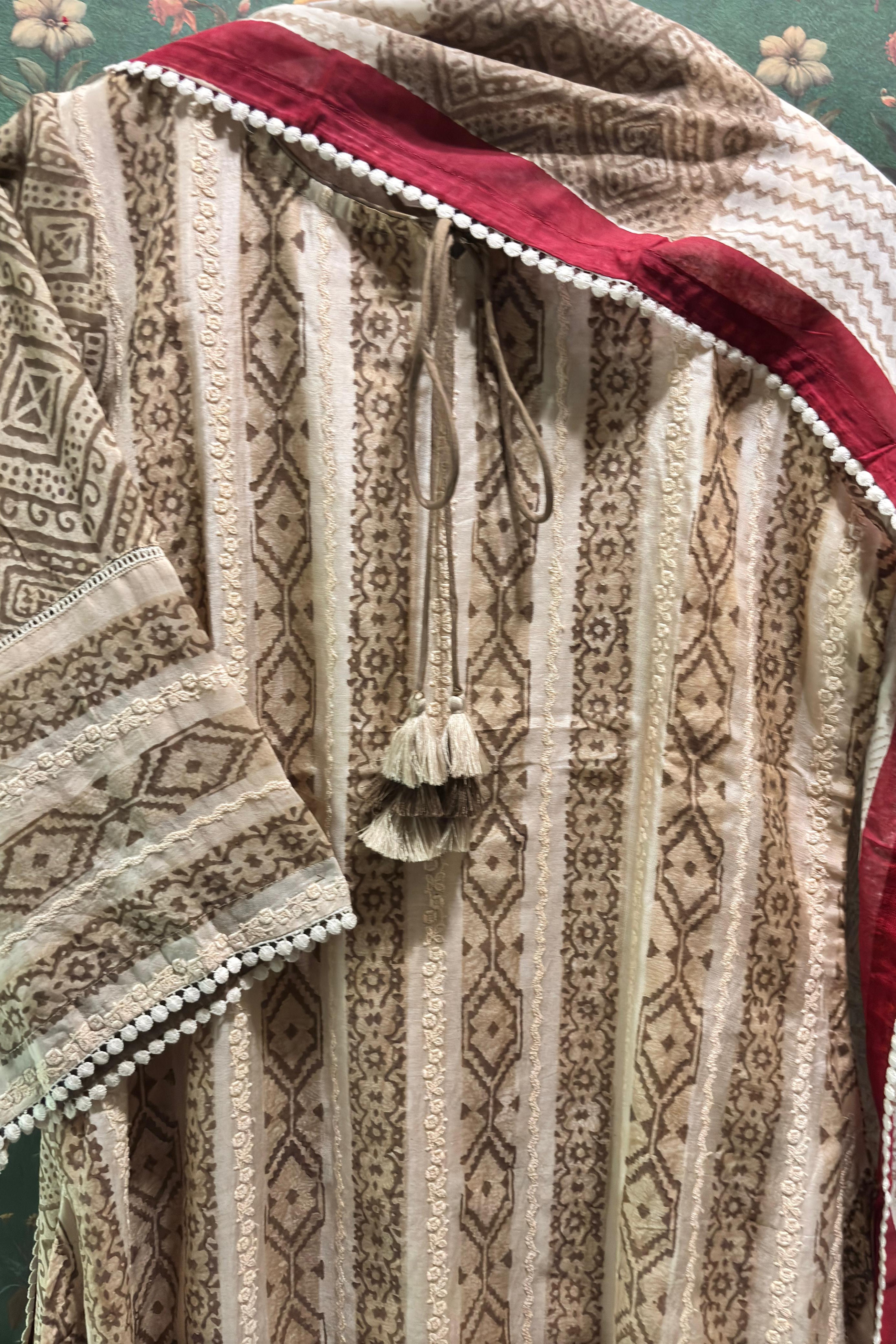 Beige Bamboo Silk A-line Suit Set | HER-446