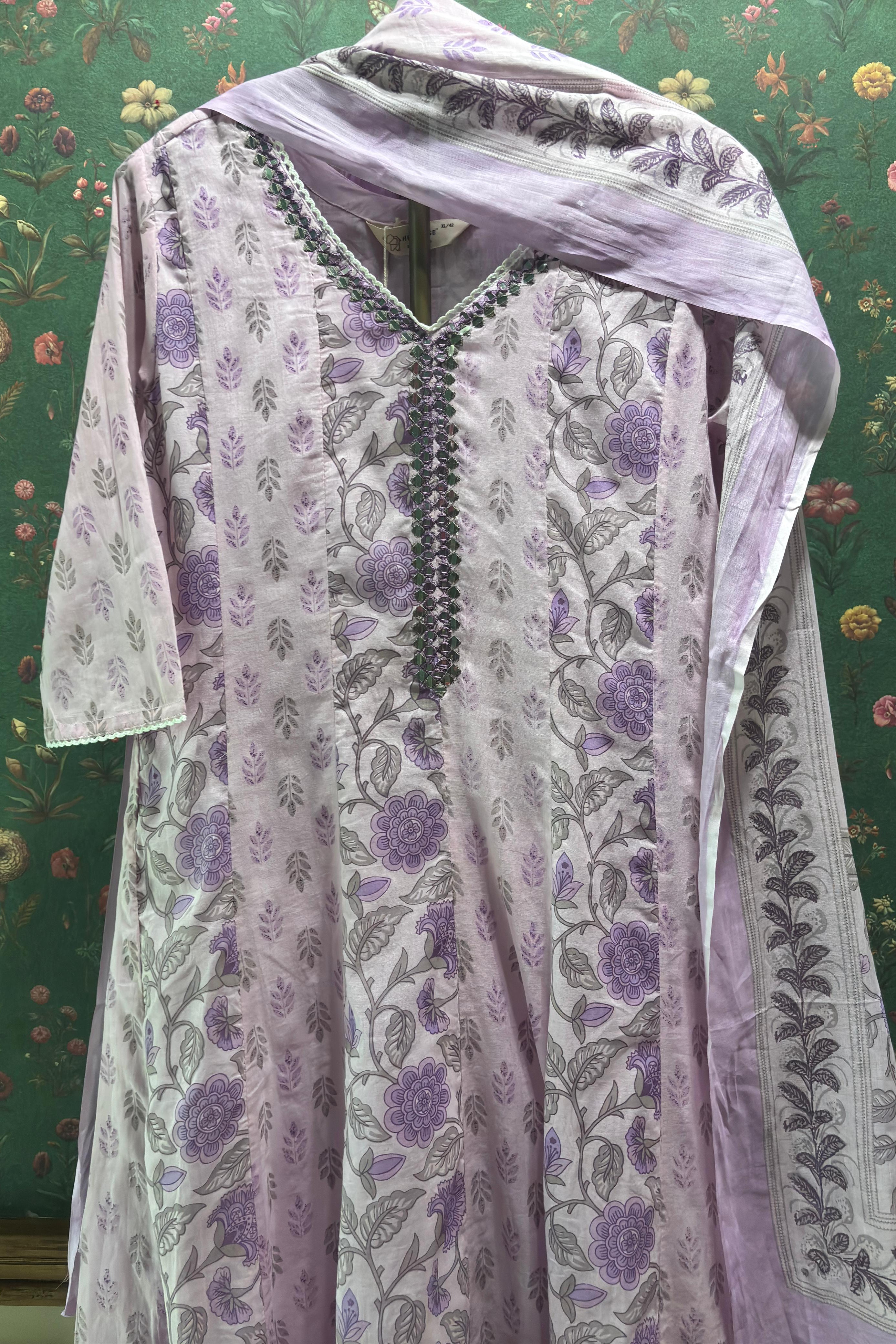 Lilac Cotton Anarkali Suit Set (With Pants and Dupatta)