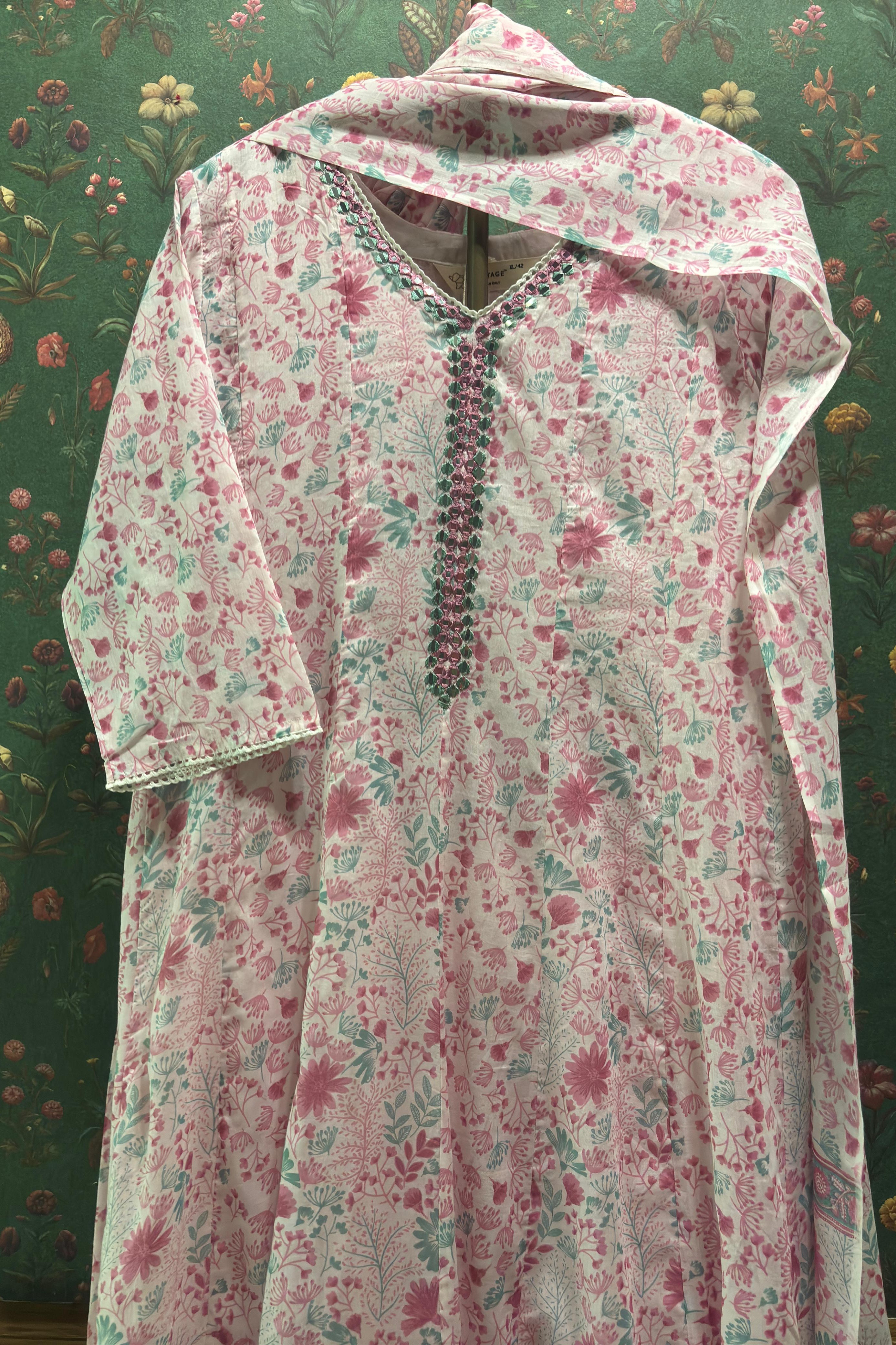 Pink Cotton Anarkali Suit Set (With Pants and Dupatta)