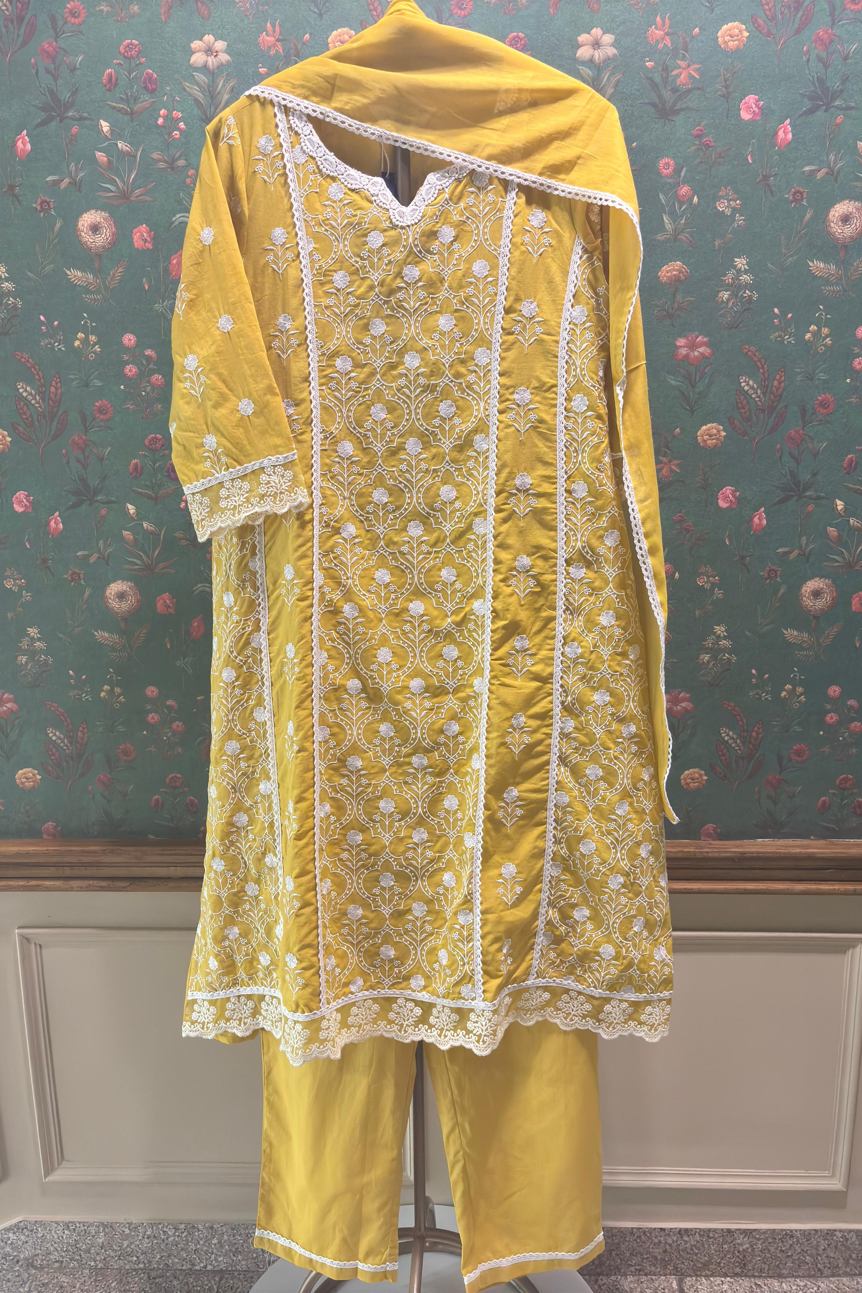 Yellow Cotton A-line Suit Set (With Pants and Dupatta)