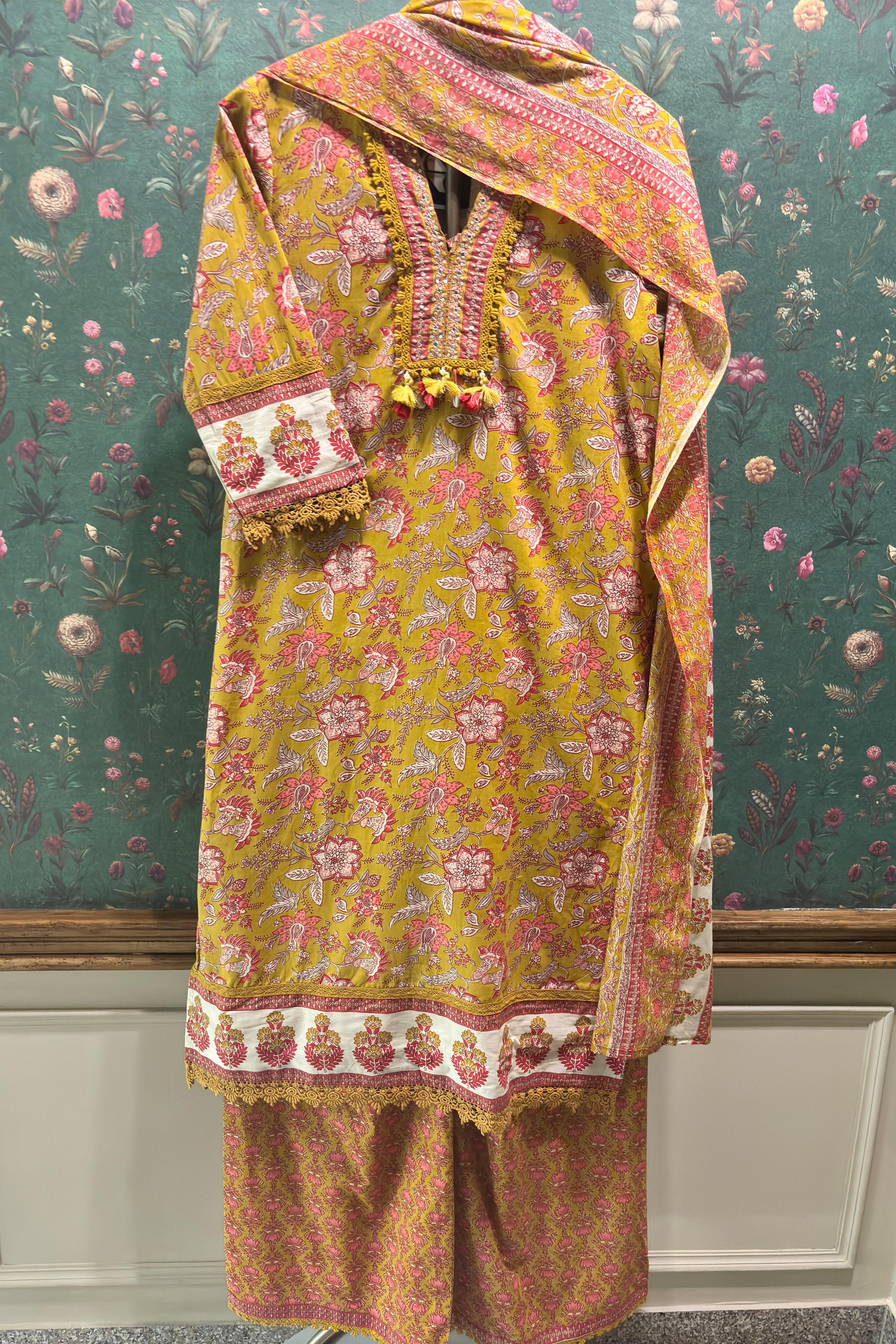 MUSTARD Straight Fit Cotton Suit Set (With Pants and Dupatta)