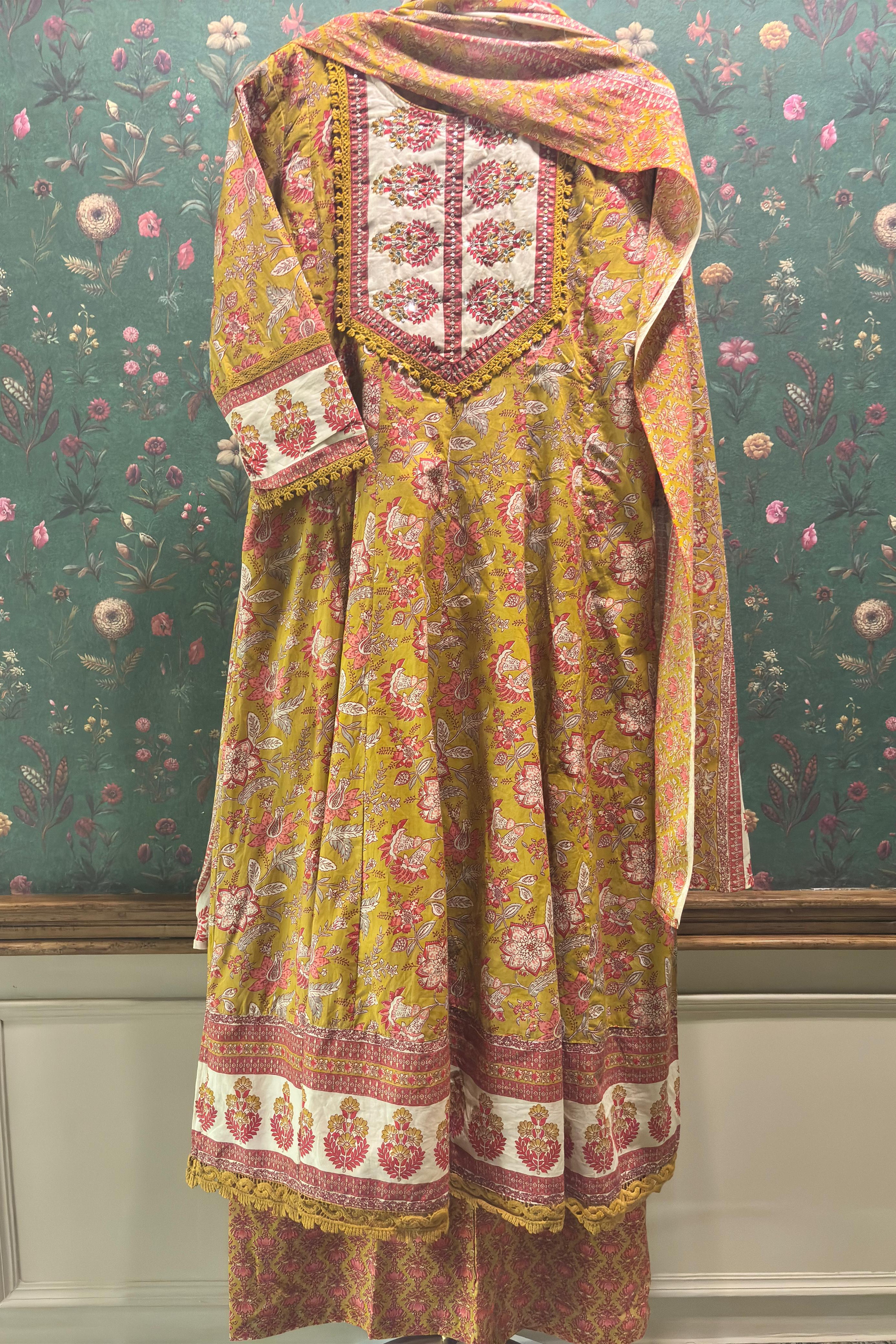 Mustard Cotton Anarkali Suit Set (With Pants and Dupatta)