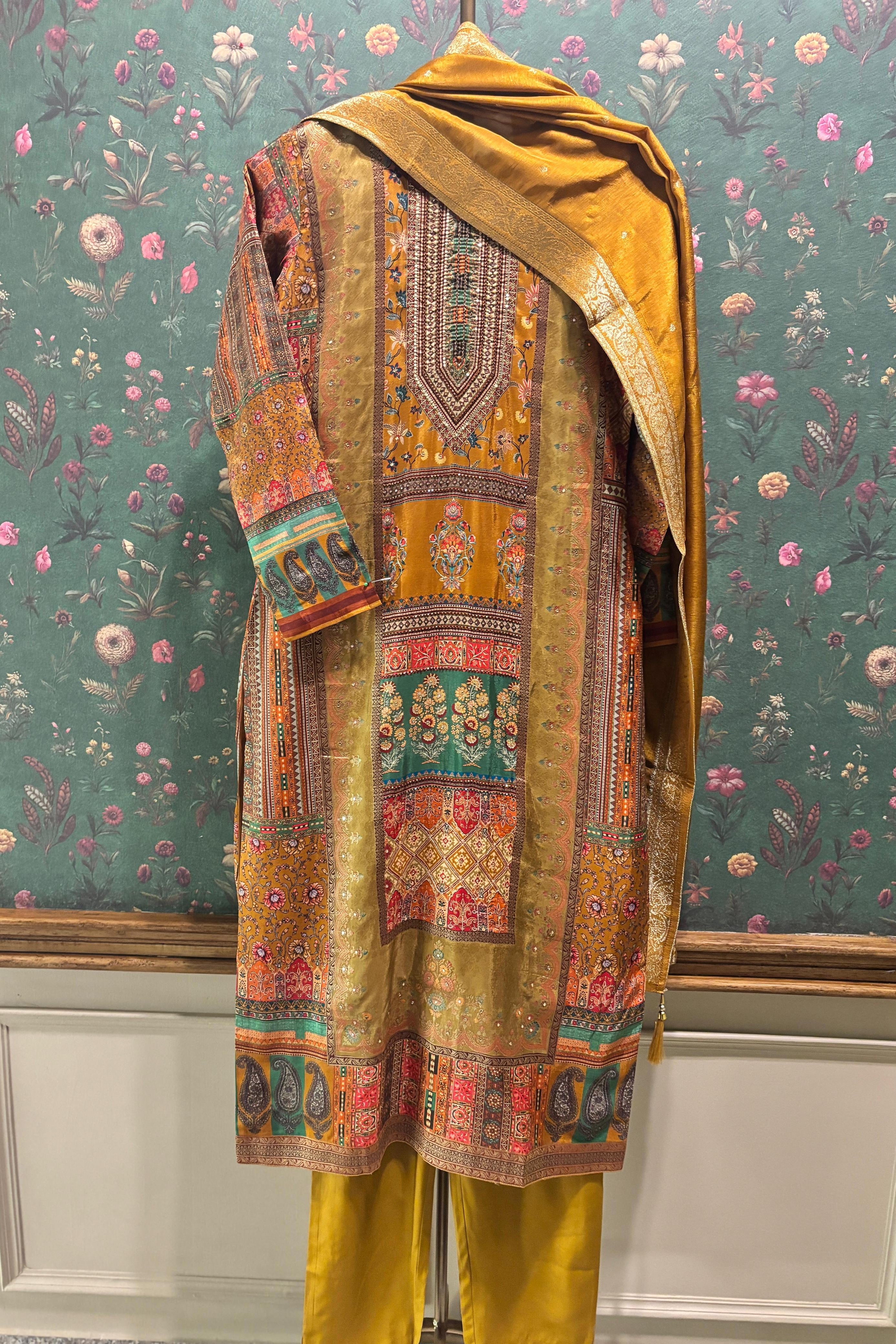 Ochre/Mustard Yellow Dola Jacquard Suit Set | HER-482