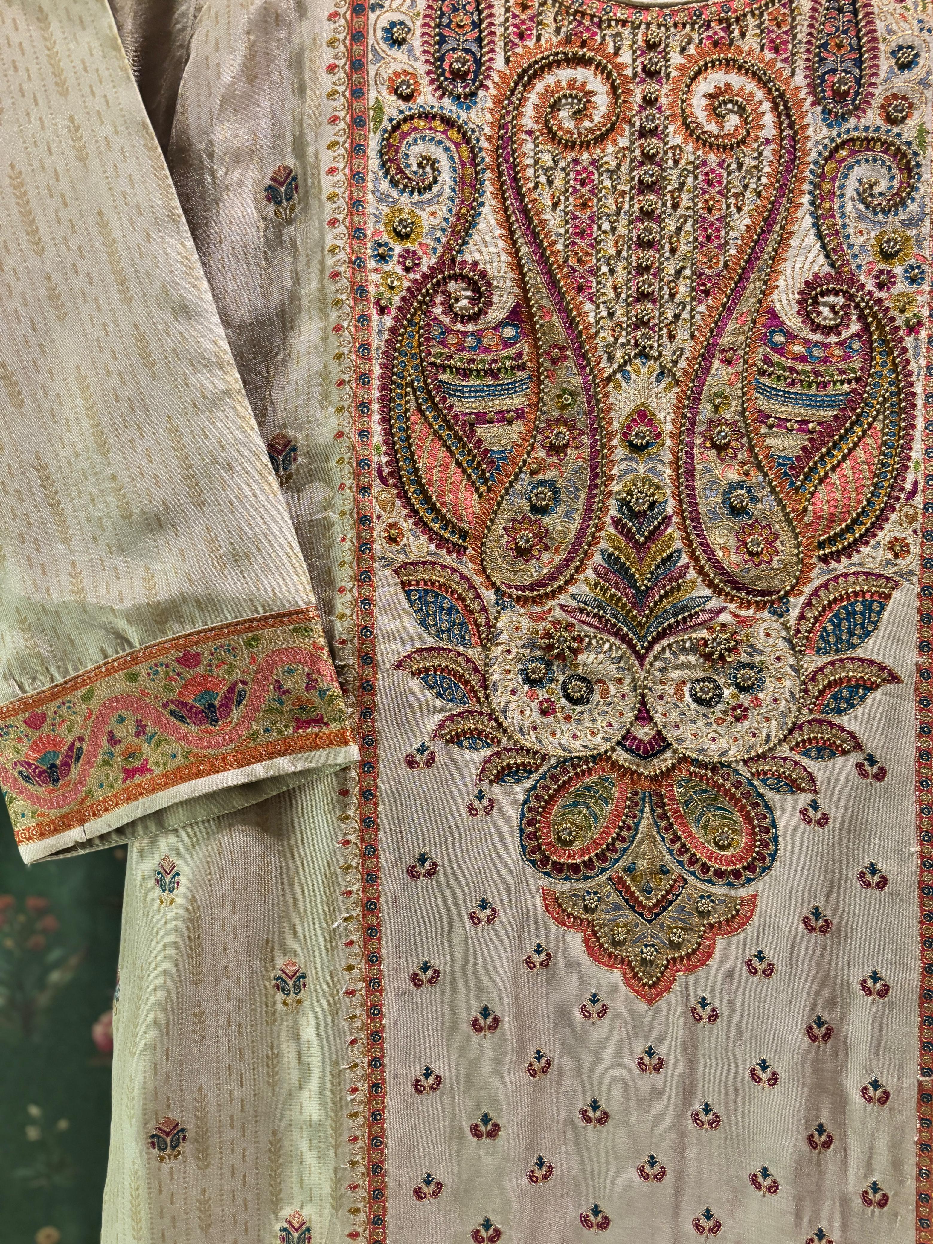 Meher Warm Beige Dola Jacquard Suit Set | HER-487