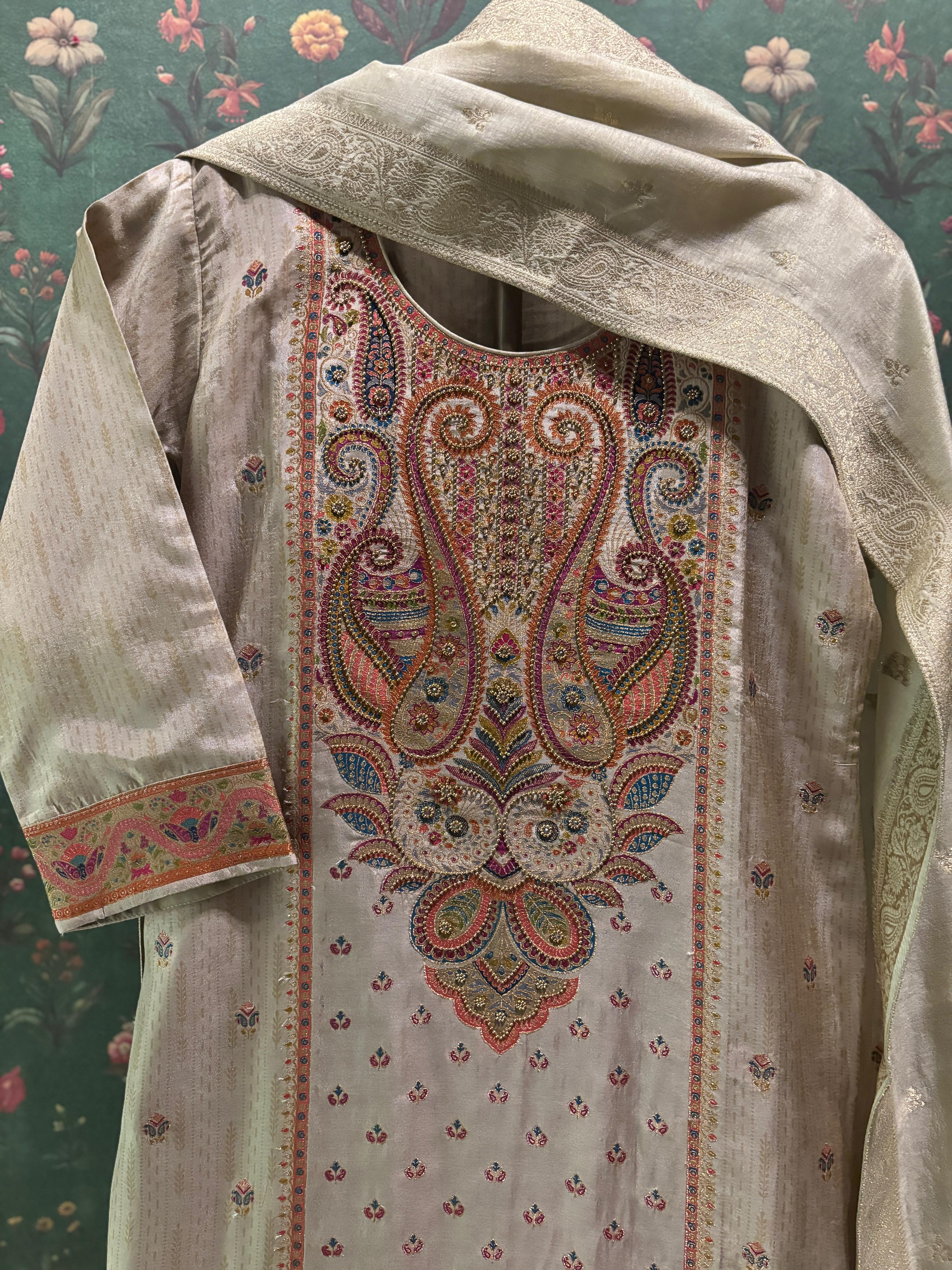 Meher Warm Beige Dola Jacquard Suit Set | HER-487