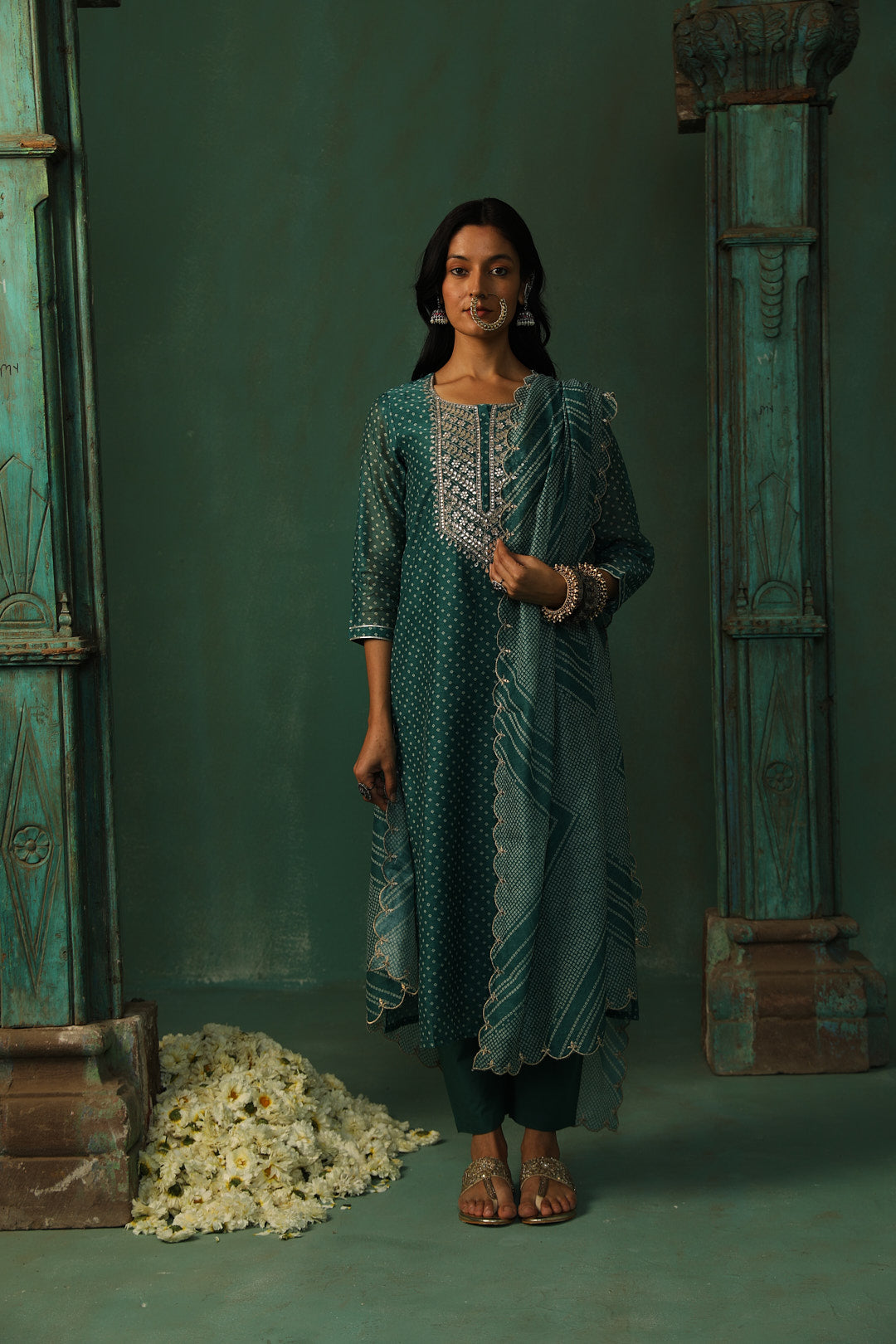 Teal Bandhani Chanderi Suit Set | HER-293