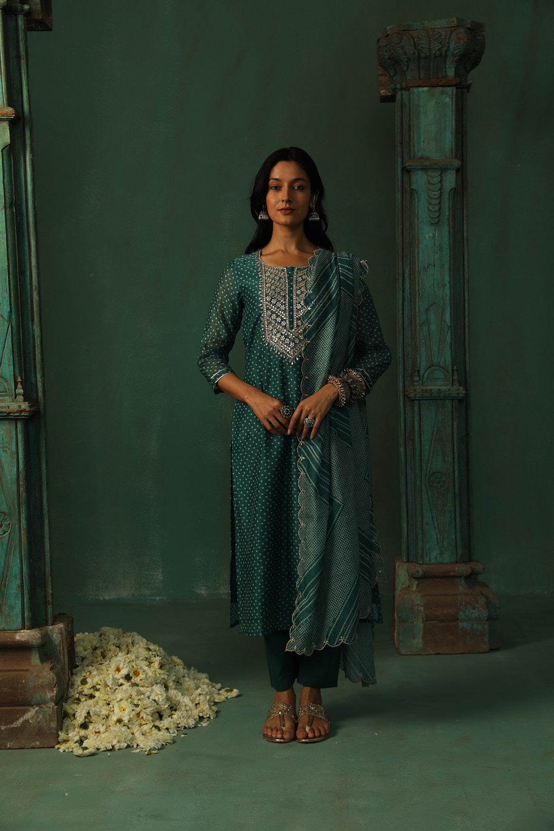 Teal Bandhani Chanderi Suit Set | HER-293