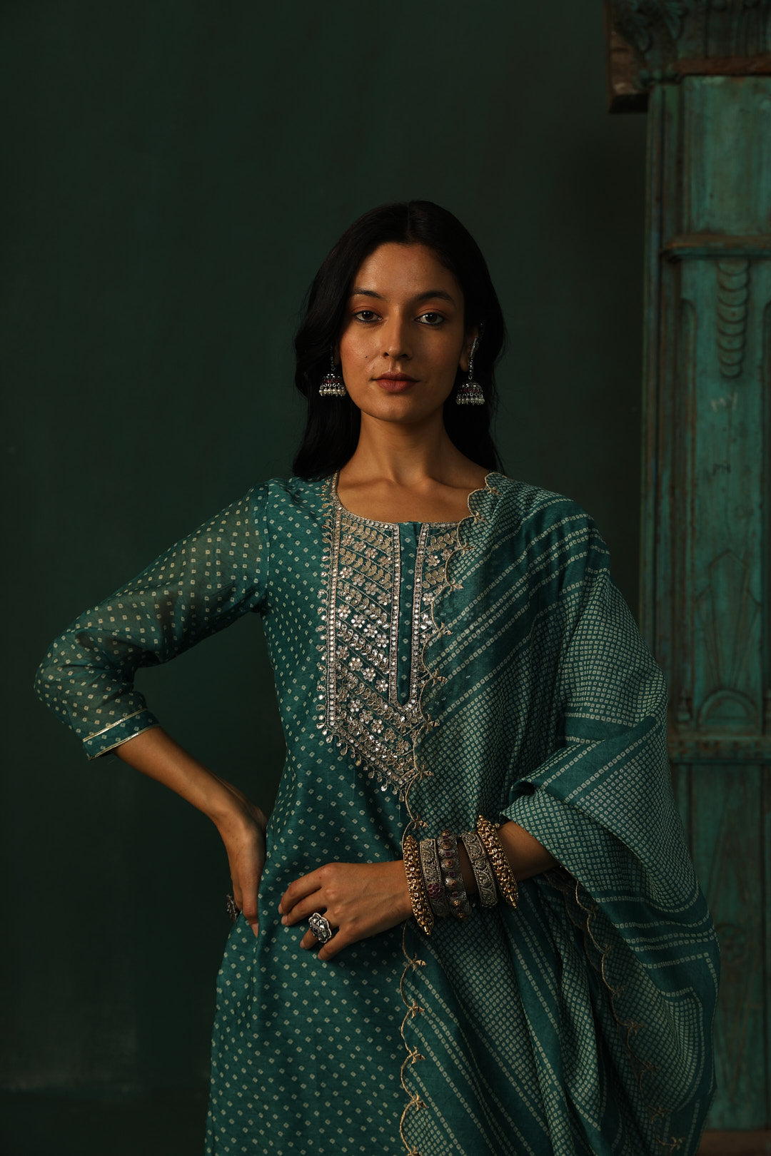 Teal Bandhani Chanderi Suit Set | HER-293