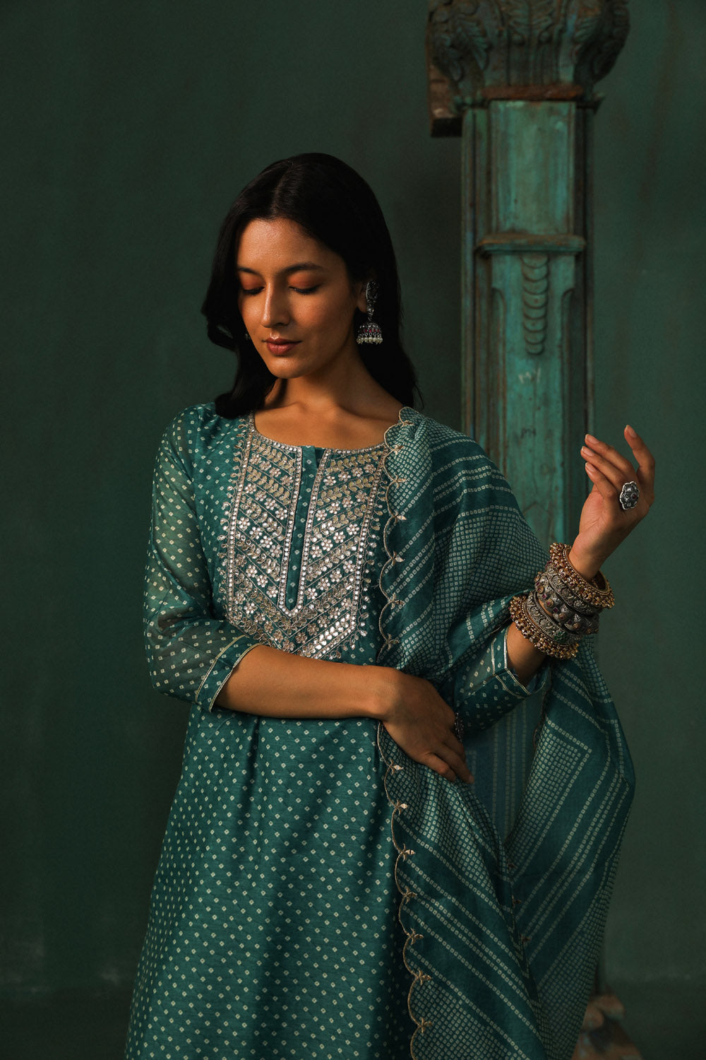 Teal Bandhani Chanderi Suit Set | HER-293