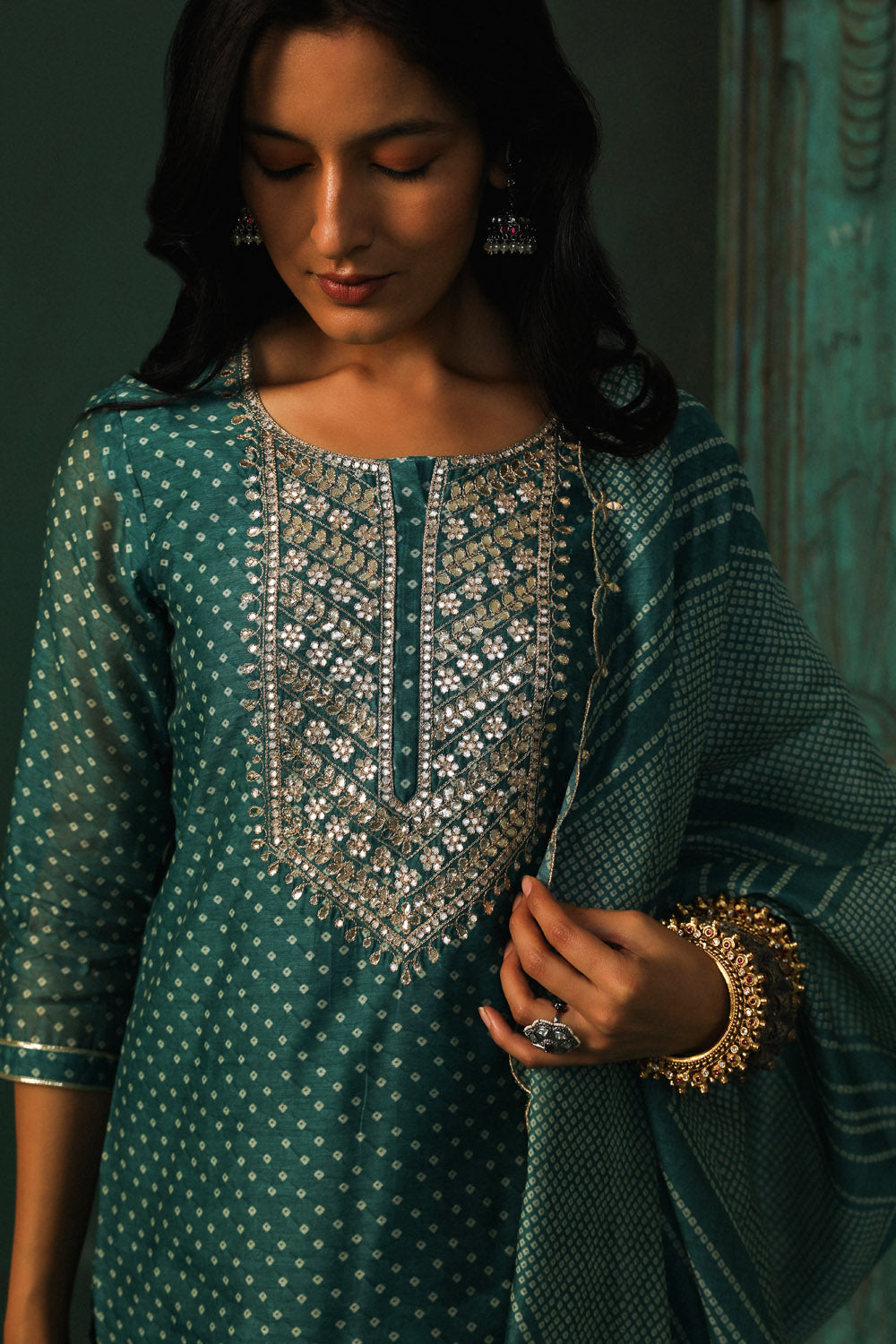 Teal Bandhani Chanderi Suit Set | HER-293