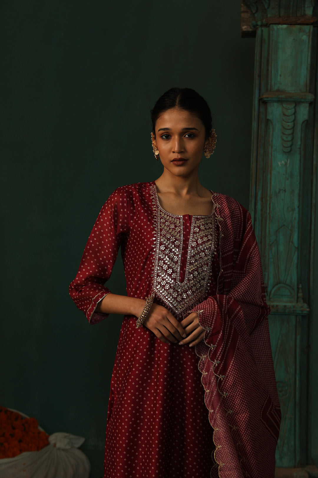 Wine Bandhani Chanderi Suit Set | HER-293
