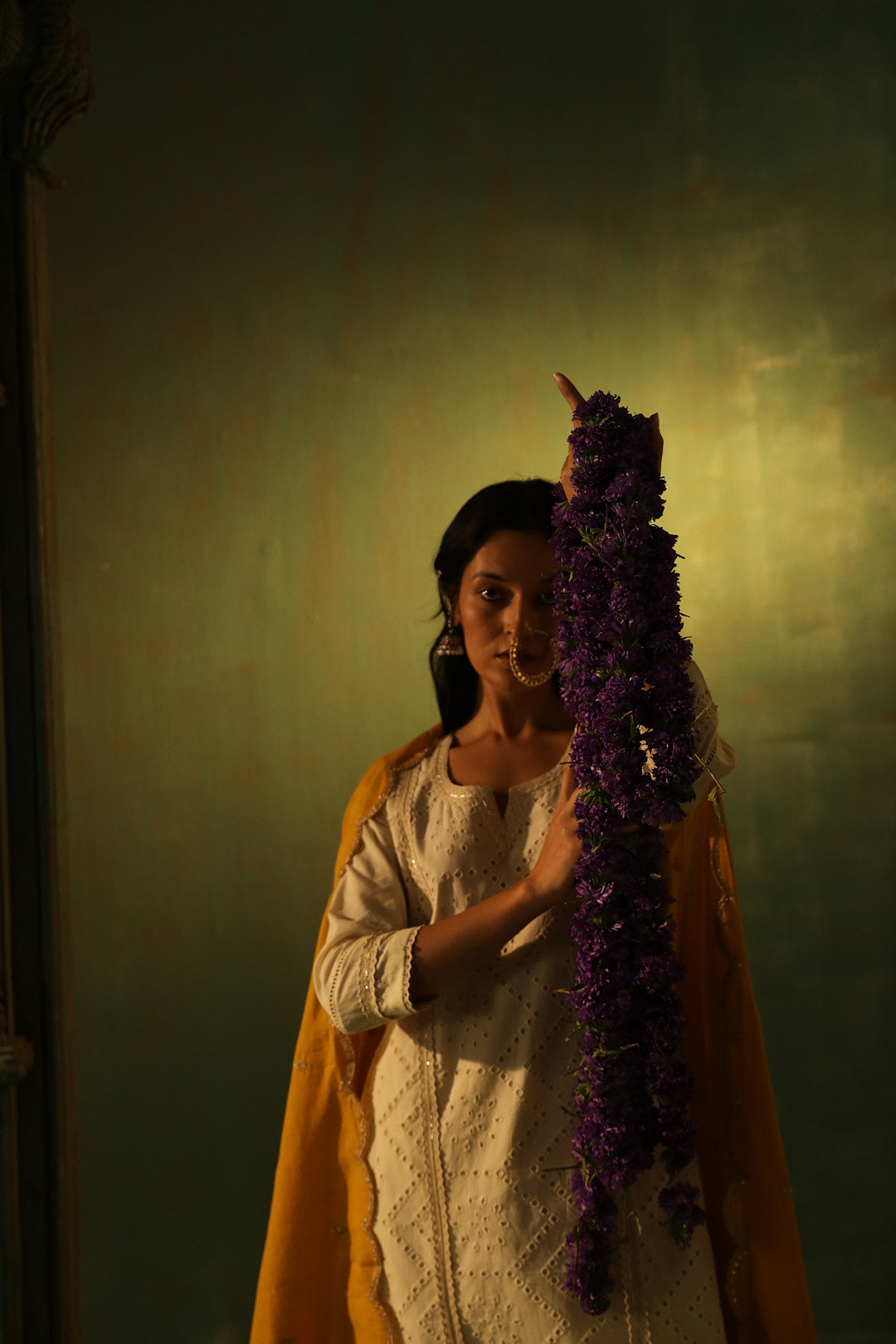 Off-White, Mustard Schiffli Cotton Suit Set | HER-309