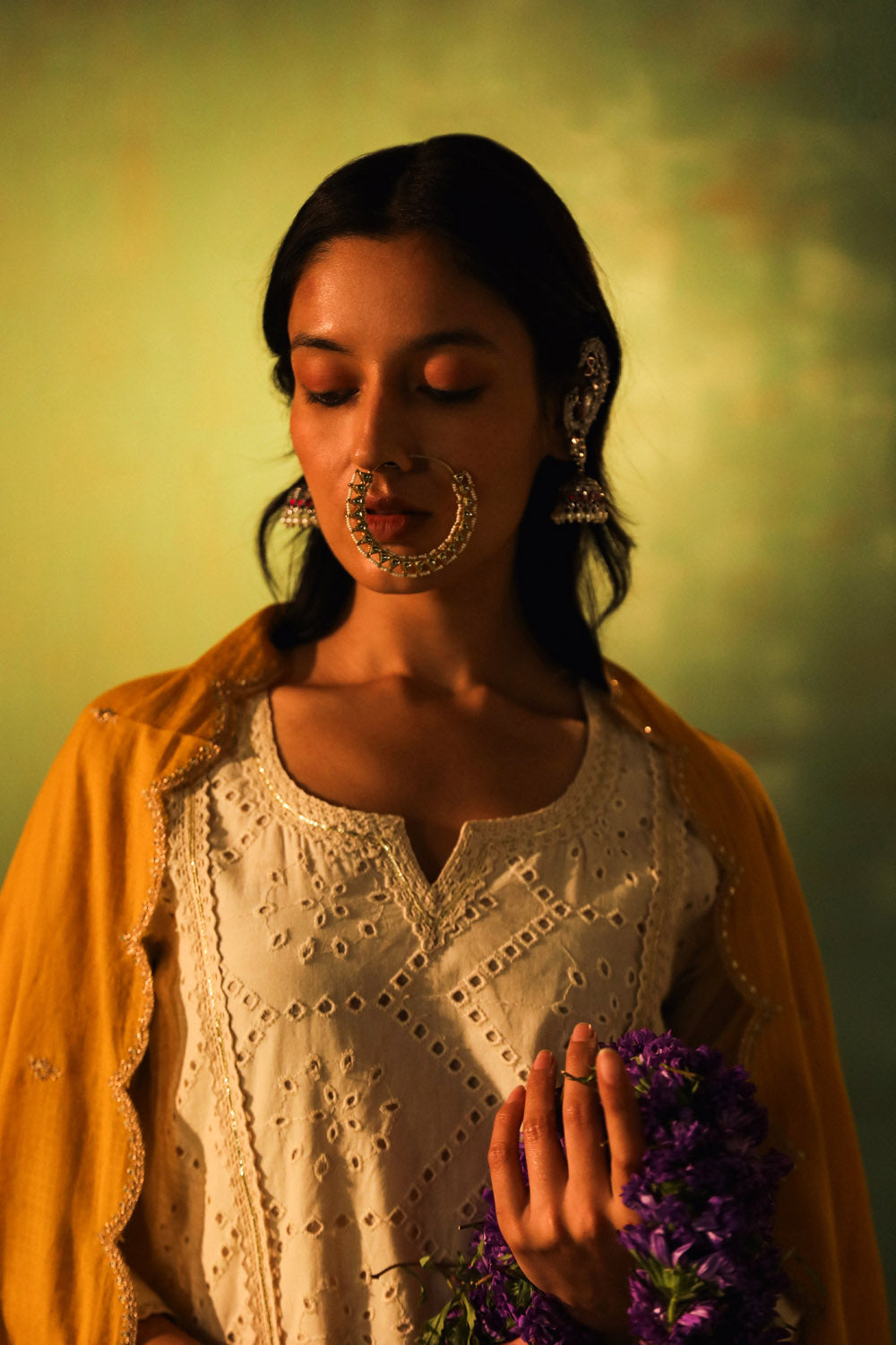 Off-White, Mustard Schiffli Cotton Suit Set | HER-309