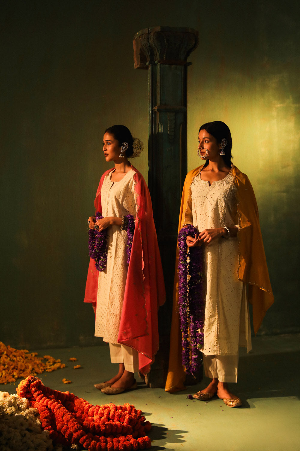 Off-White Schiffli Cotton Suit Set (Pink Dupatta)