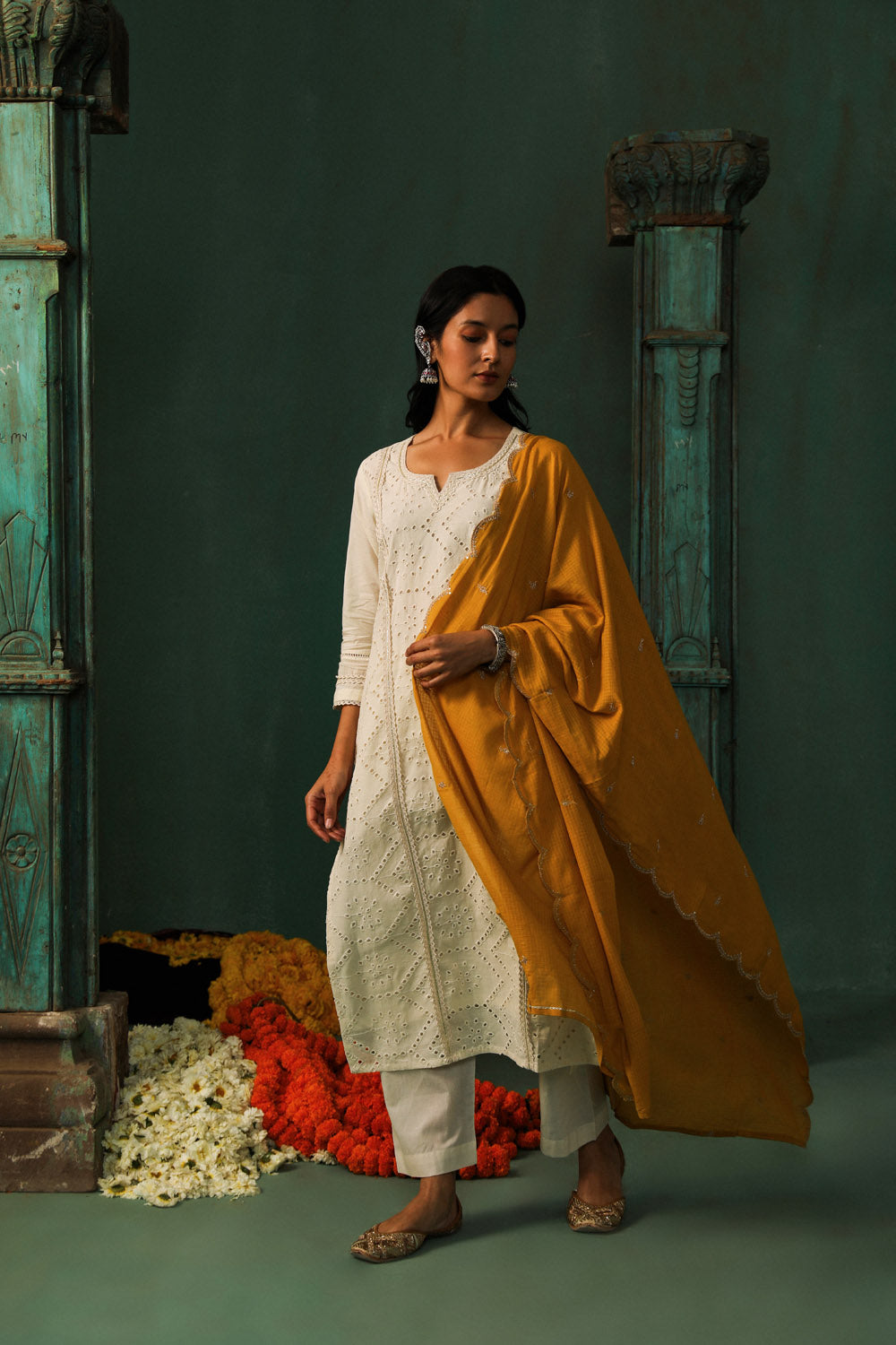 Off-White, Mustard Schiffli Cotton Suit Set | HER-309