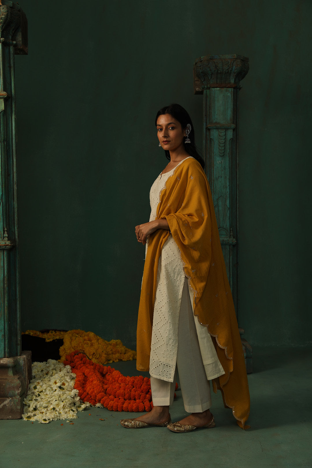 Off-White, Mustard Schiffli Cotton Suit Set | HER-309