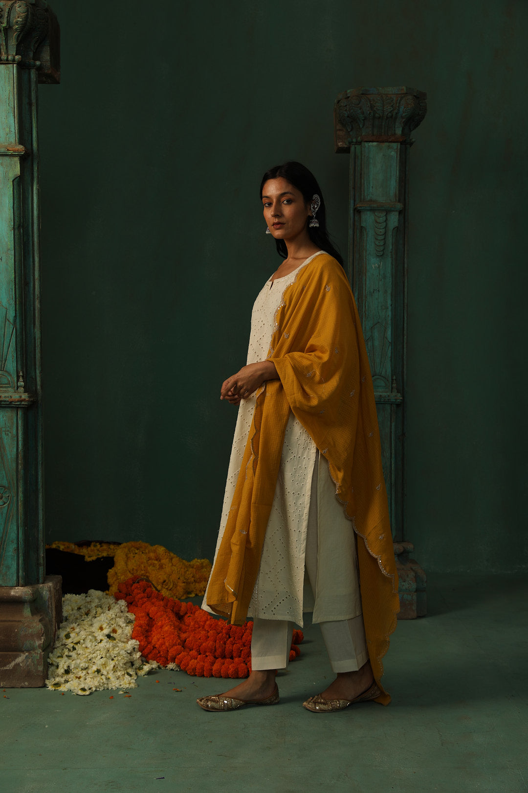 Off-White, Mustard Schiffli Cotton Suit Set | HER-309
