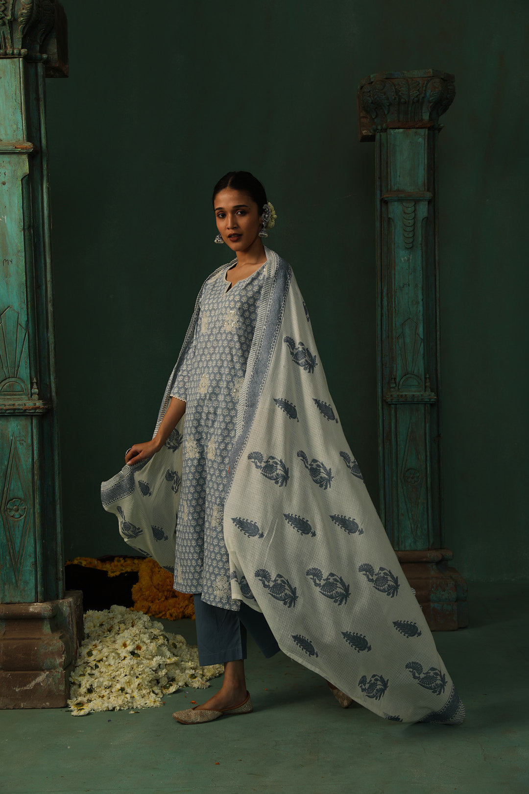 Sea Blue Cotton Straight Fit Suit Set | HER-310