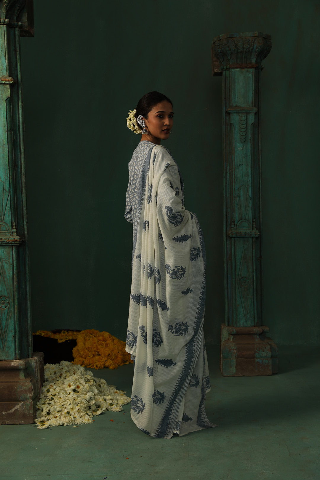 Sea Blue Cotton Straight Fit Suit Set | HER-310