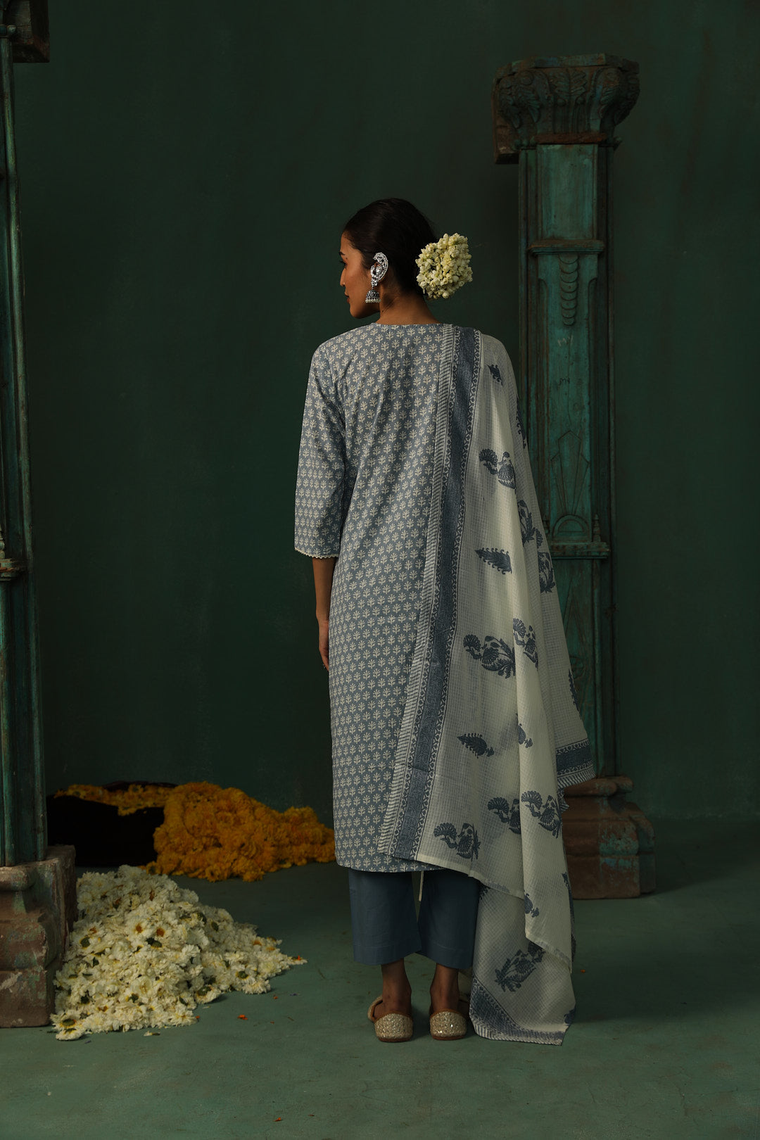 Sea Blue Cotton Straight Fit Suit Set | HER-310