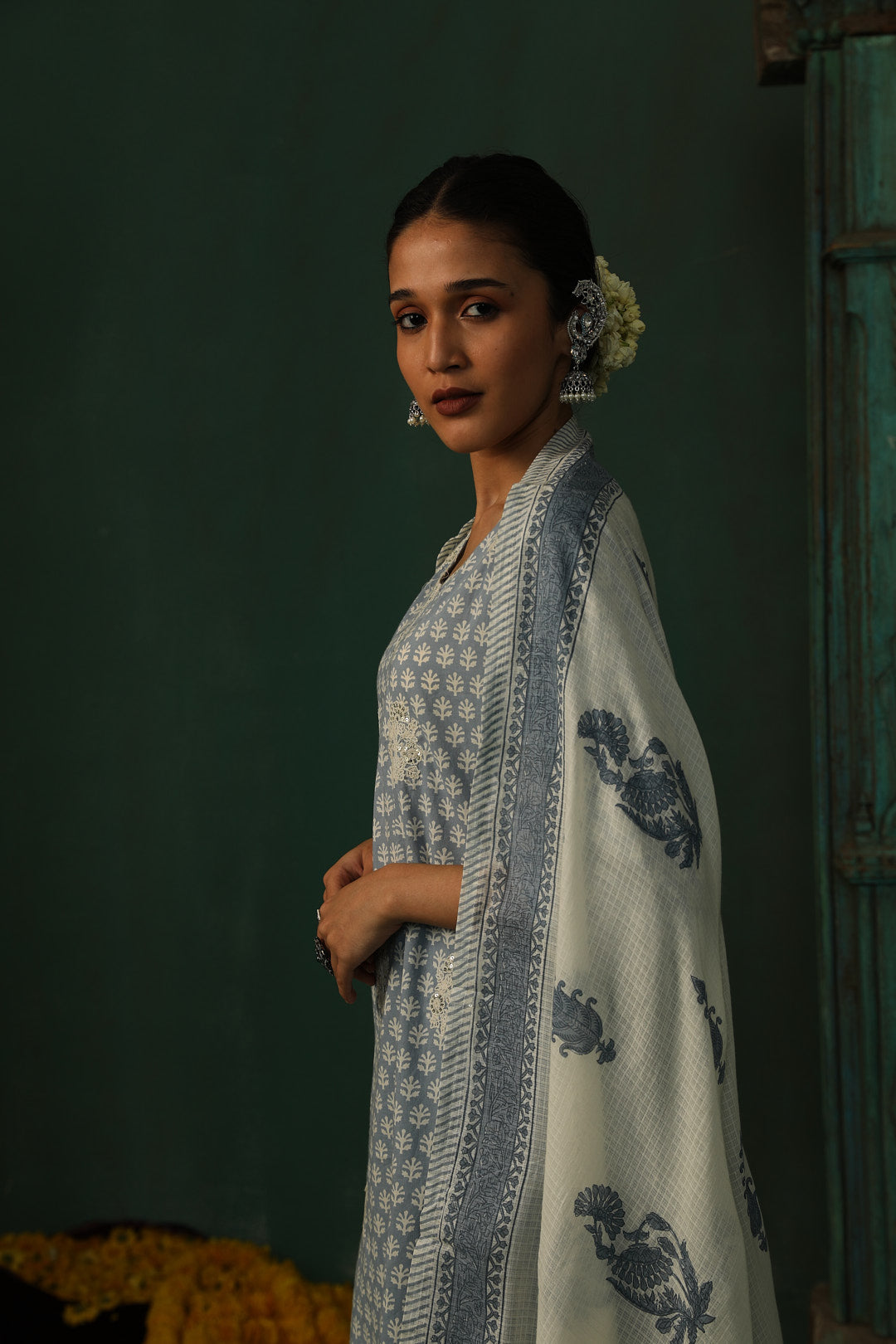 Sea Blue Cotton Straight Fit Suit Set | HER-310