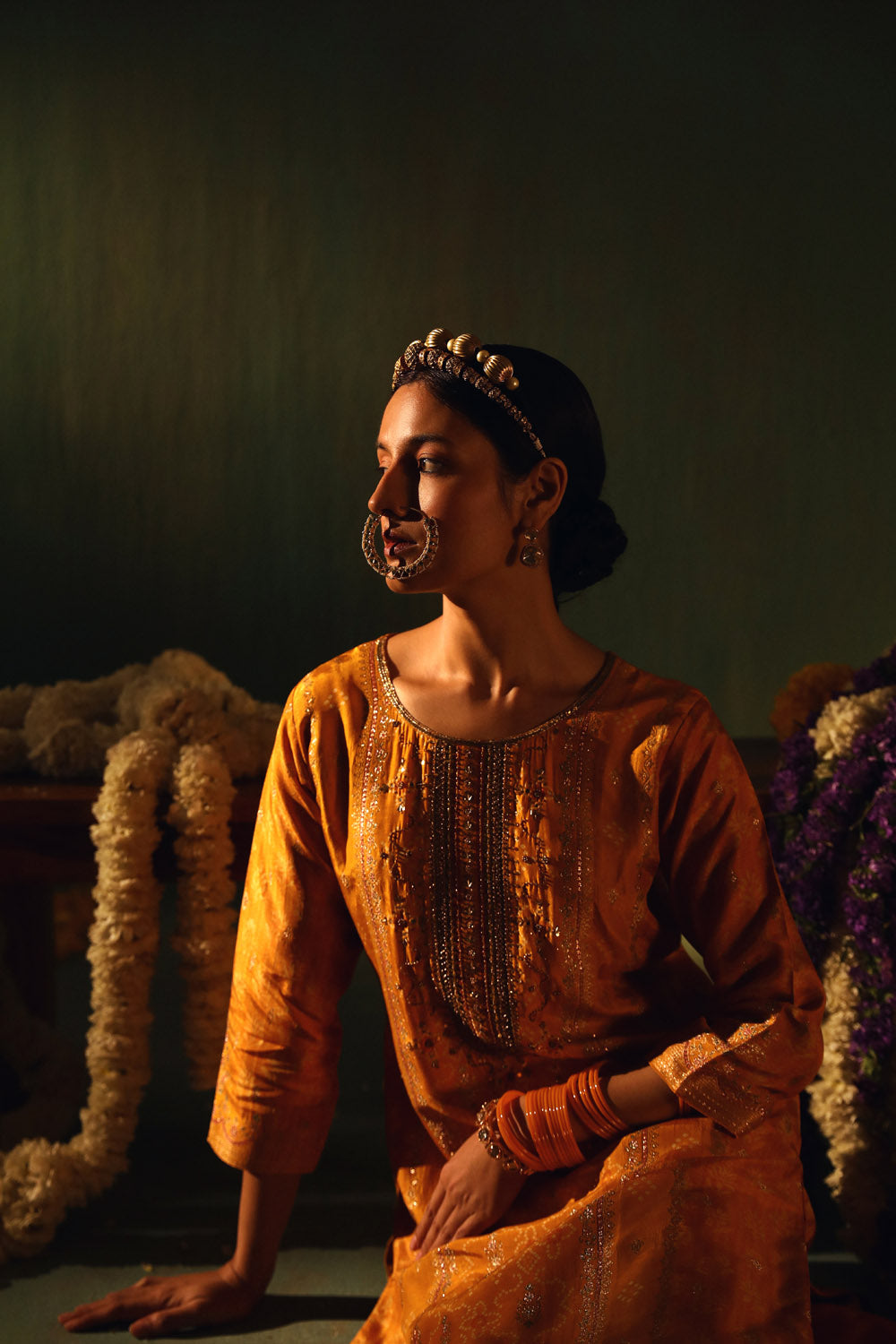 Yellow Dola Jacquard Straight Fit Suit Set | HER-336