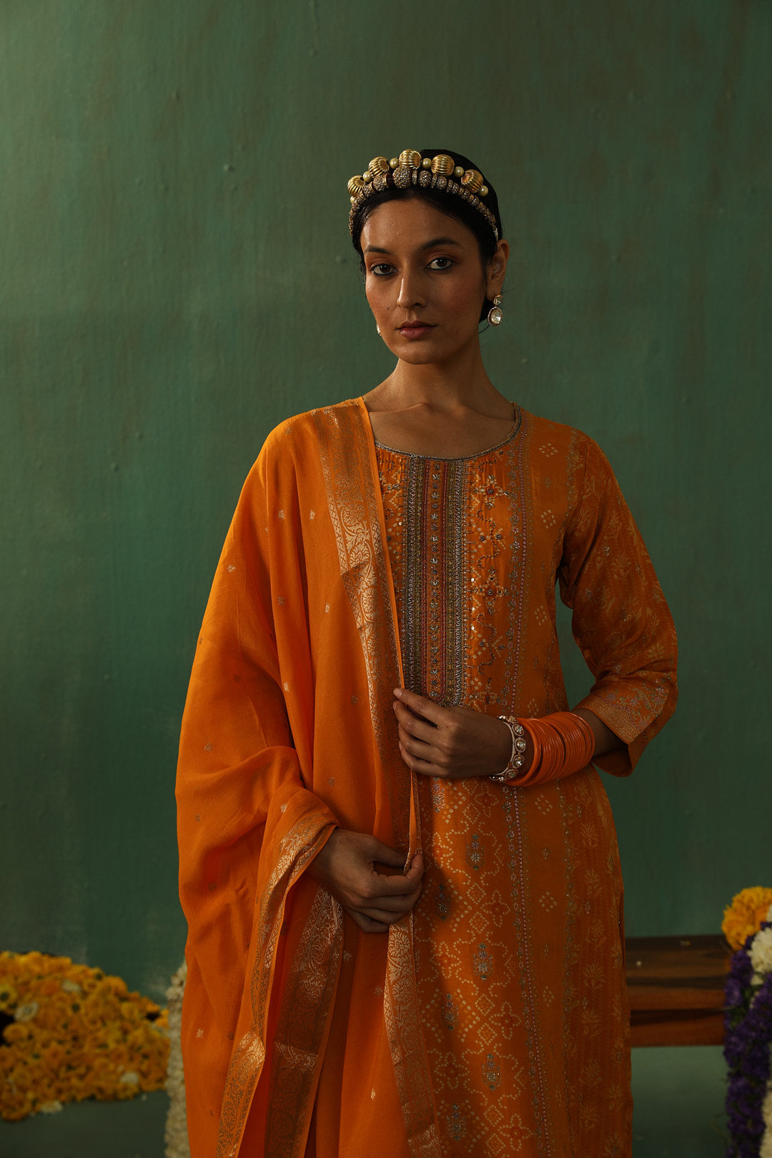 Yellow Dola Jacquard Straight Fit Suit Set | HER-336