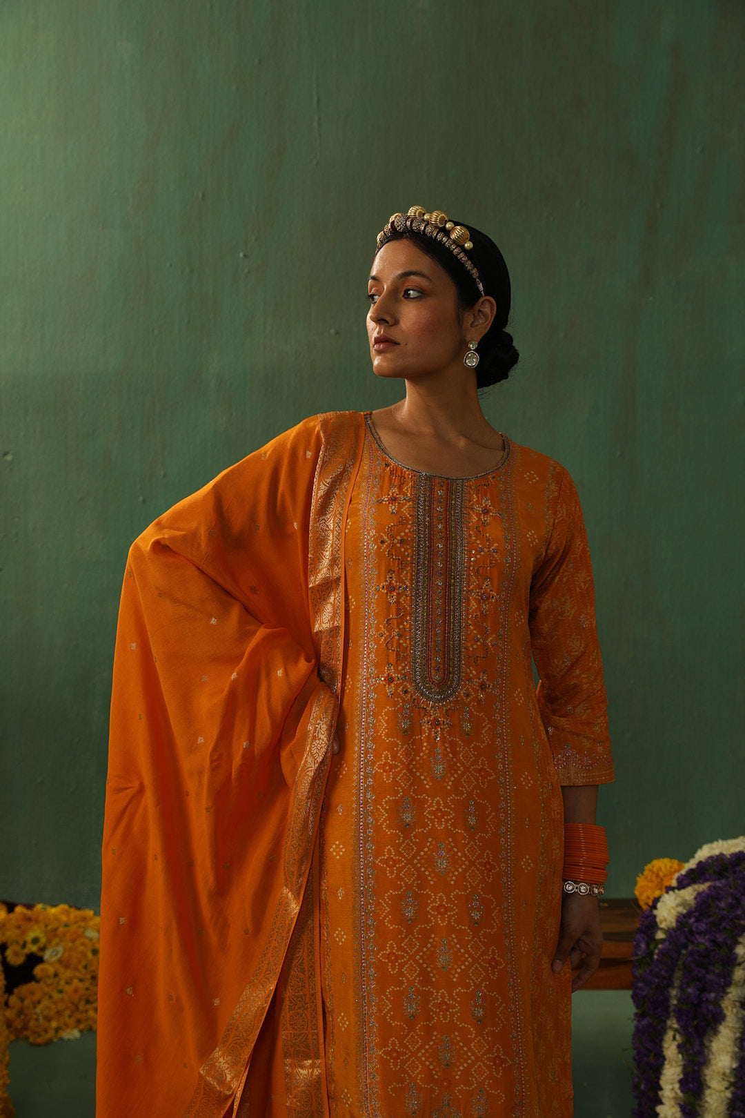 Yellow Dola Jacquard Straight Fit Suit Set | HER-336