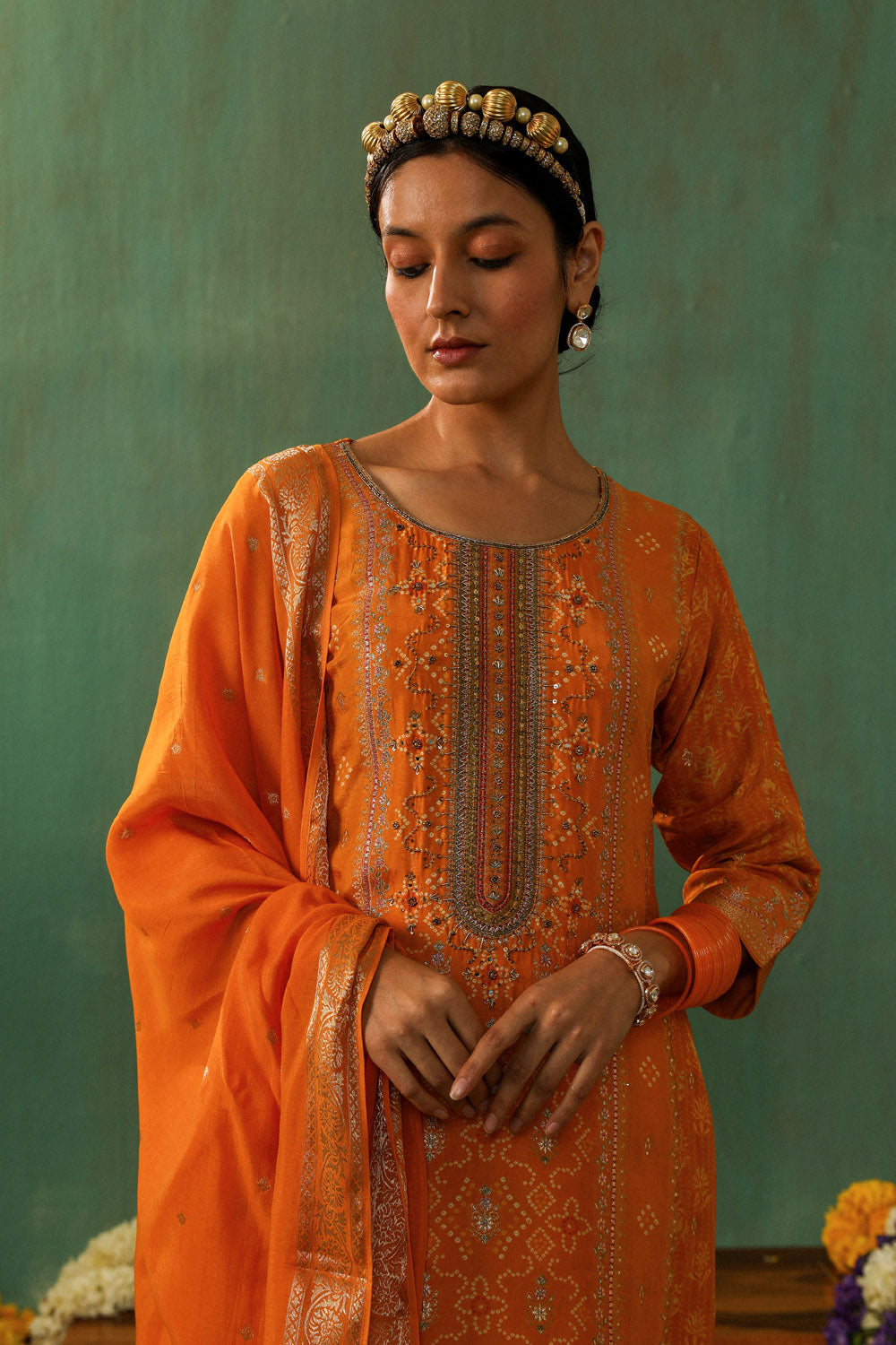 Yellow Dola Jacquard Straight Fit Suit Set | HER-336