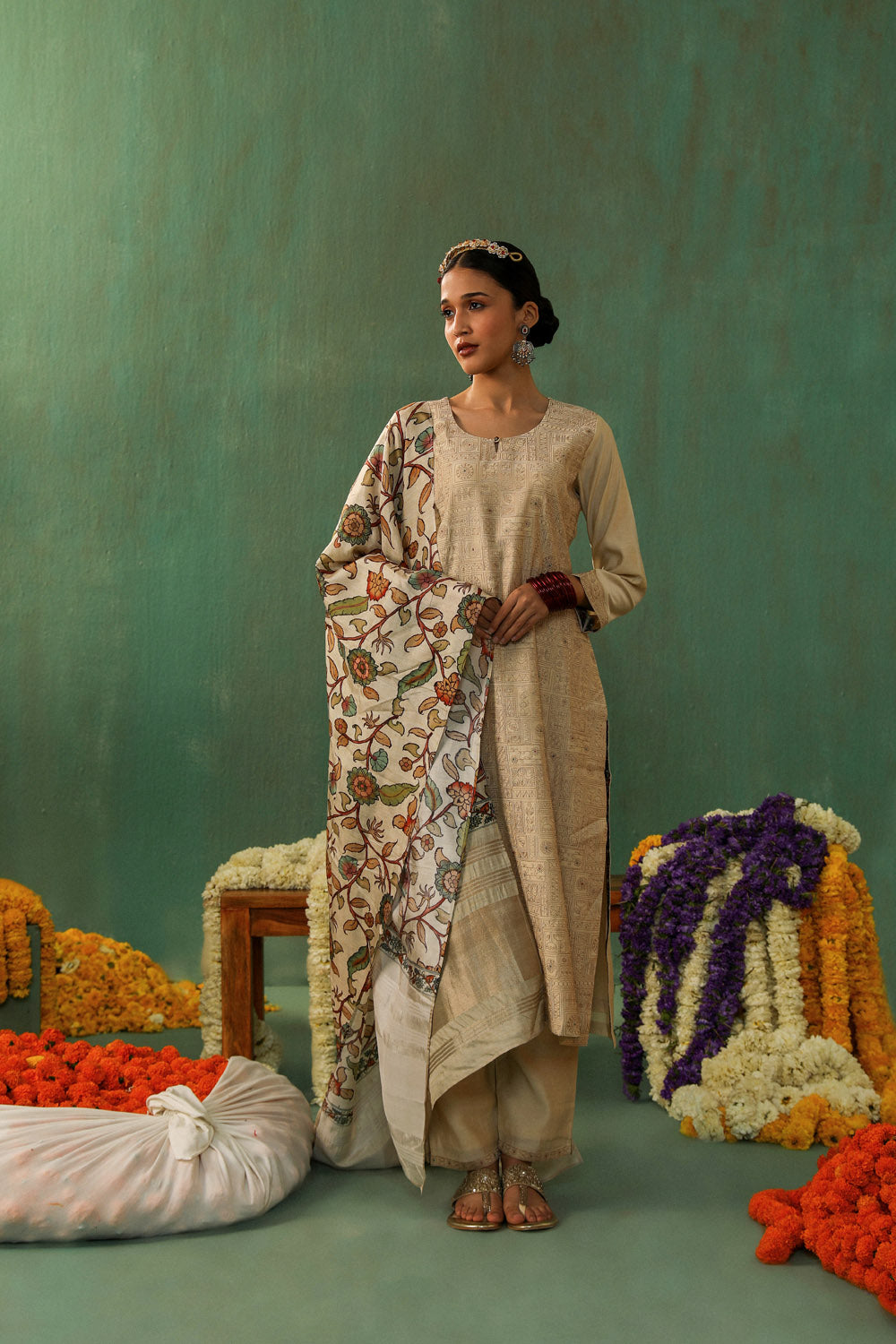 Beige Chanderi Suit Set with Kalamkari Dupatta | HER-335