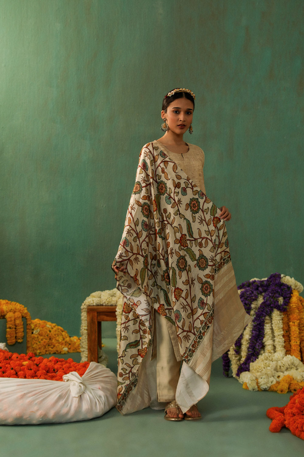 Beige Chanderi Suit Set with Kalamkari Dupatta | HER-335