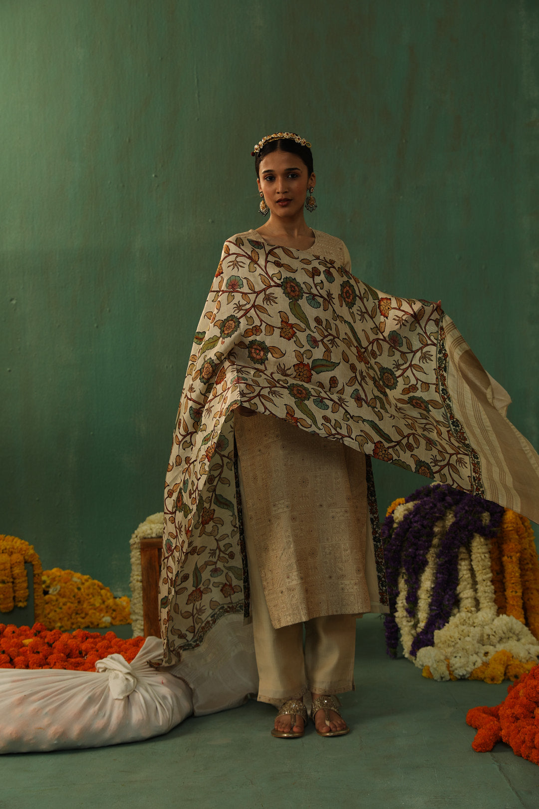 Beige Chanderi Suit Set with Kalamkari Dupatta | HER-335