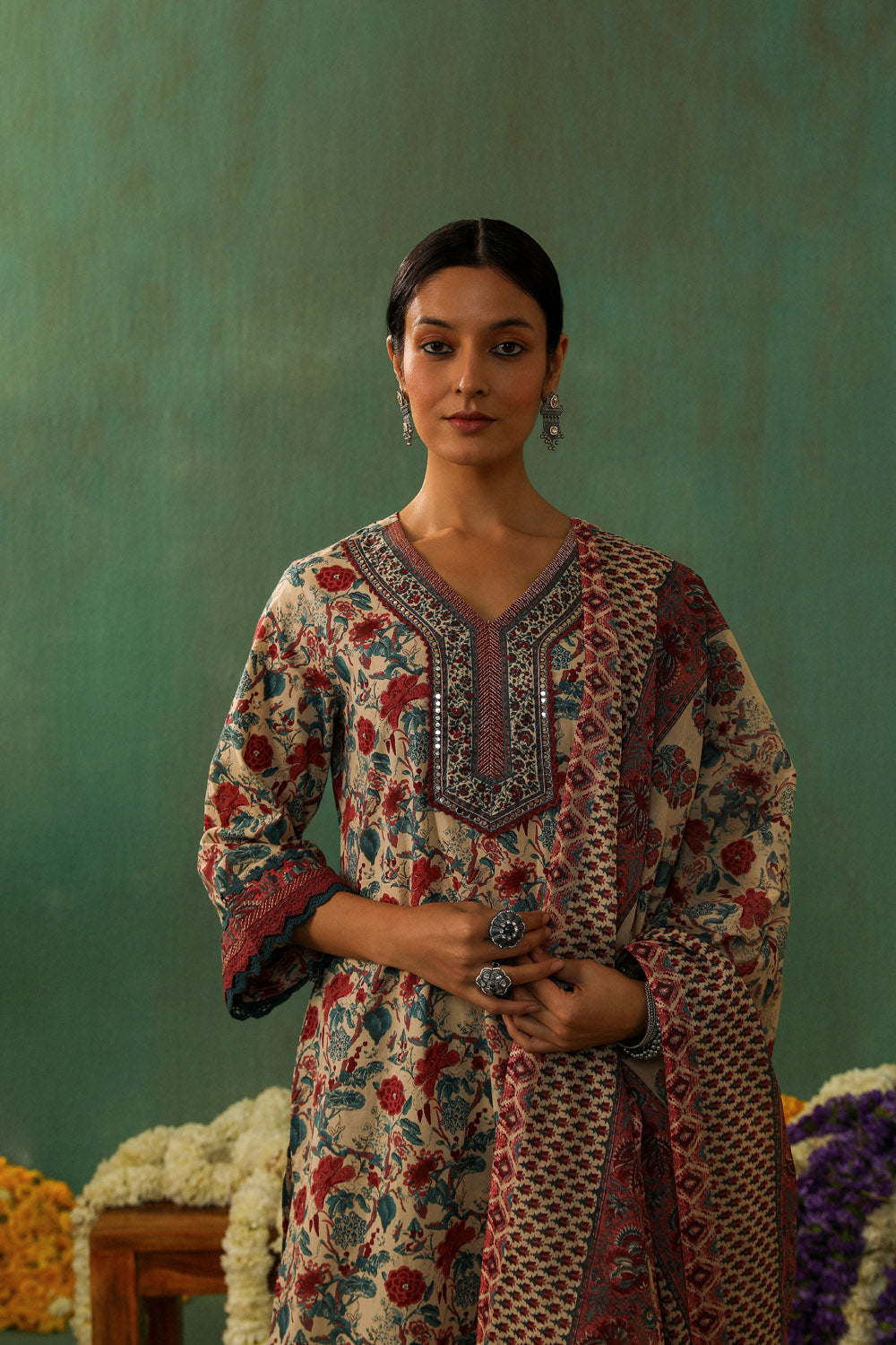 Beige Floral Printed Cotton Straight Suit Set | HER-349