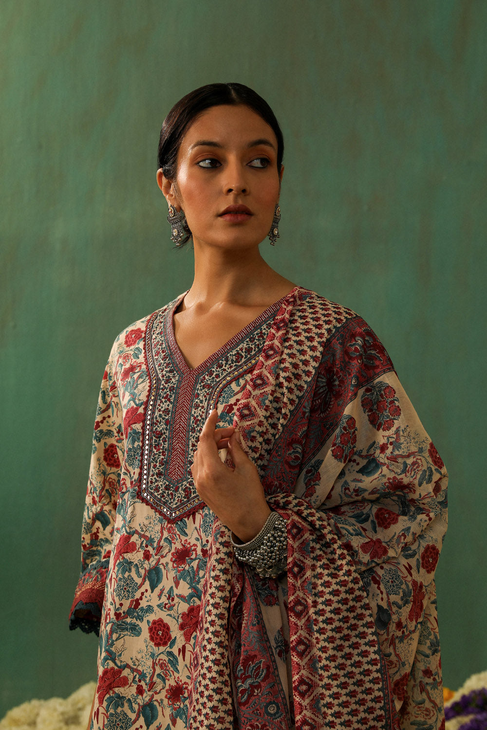 Beige Floral Printed Cotton Straight Suit Set | HER-349