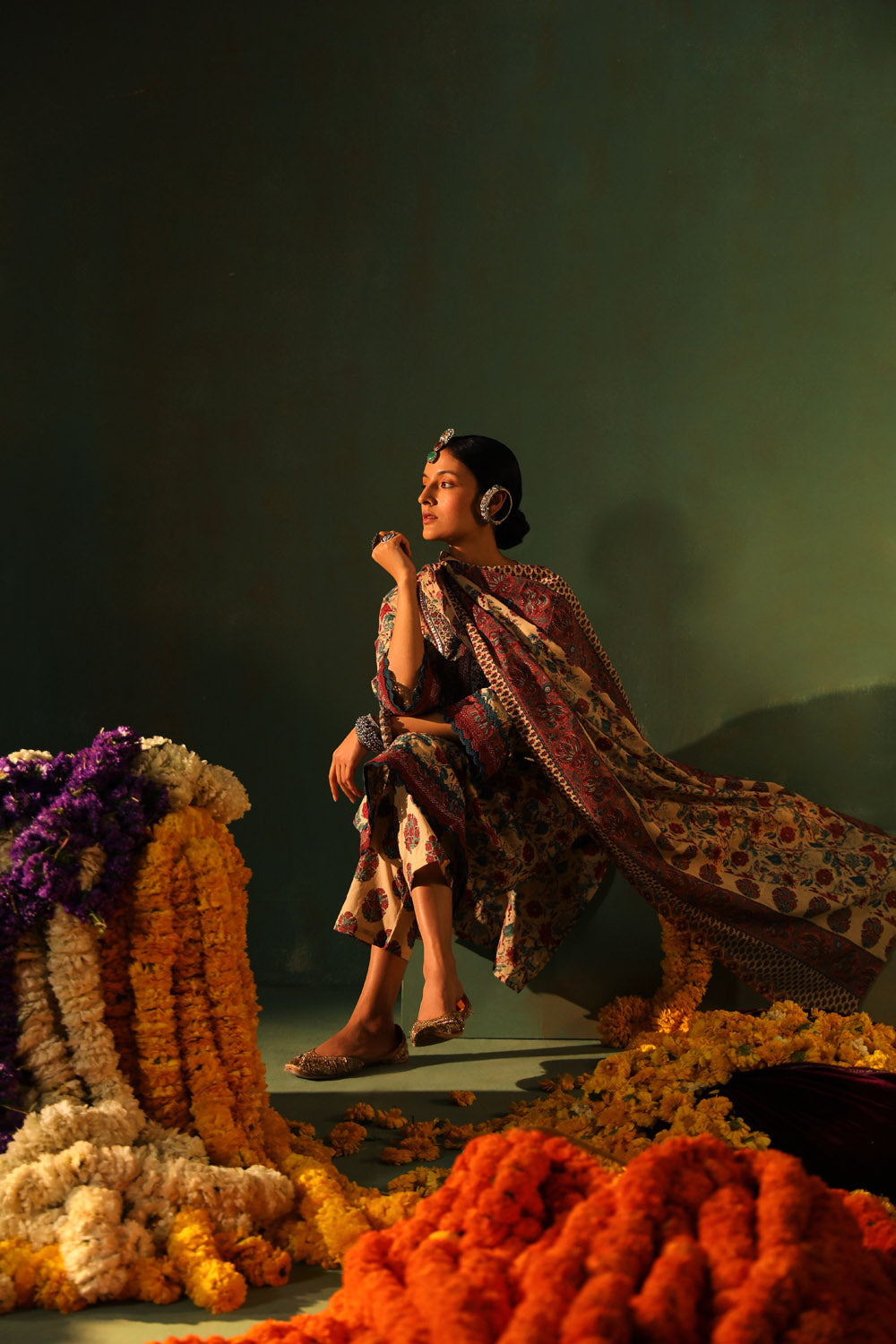 Beige Floral Printed Cotton Straight Suit Set | HER-349