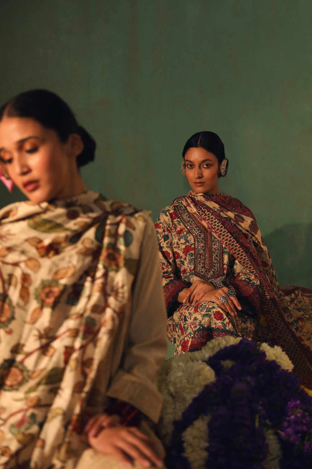 Beige Floral Printed Cotton Straight Suit Set | HER-349