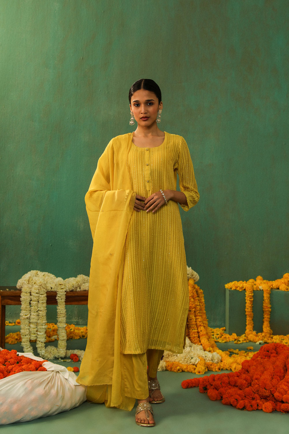 Bright Yellow Mul Chanderi Suit Set | HER-285