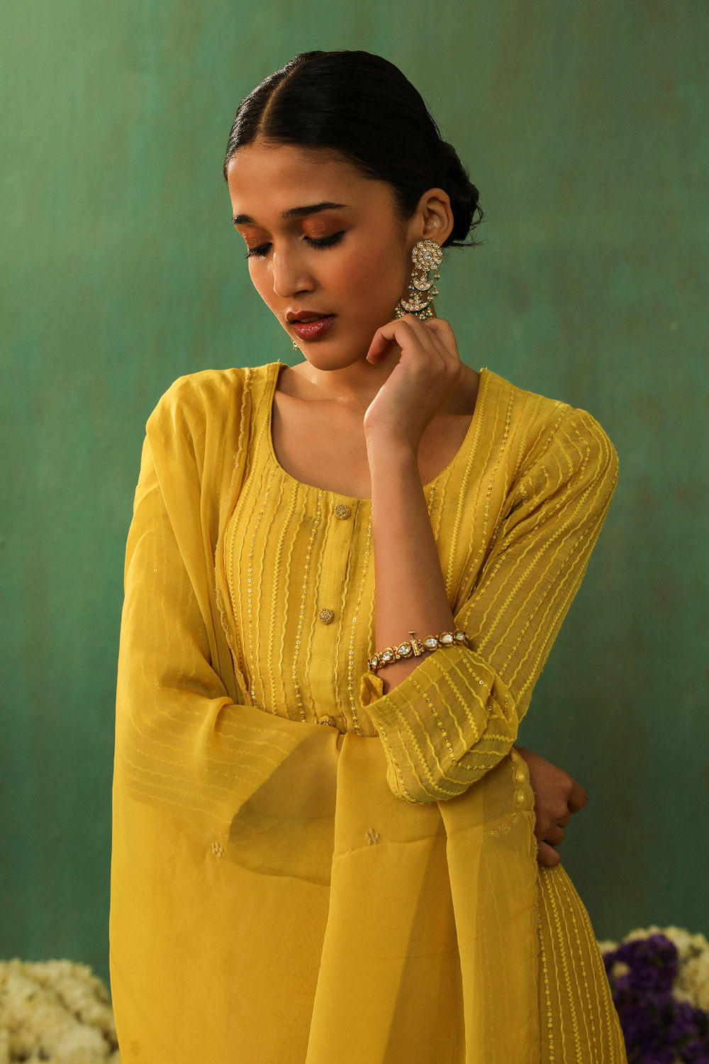 Bright Yellow Mul Chanderi Suit Set | HER-285