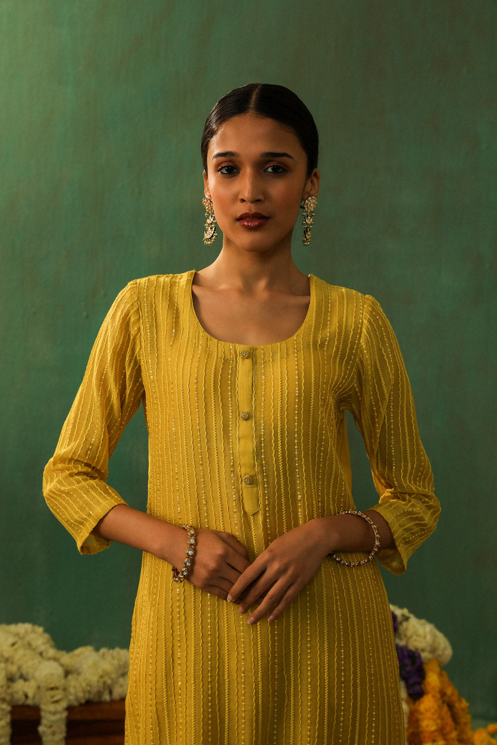 Bright Yellow Mul Chanderi Suit Set | HER-285