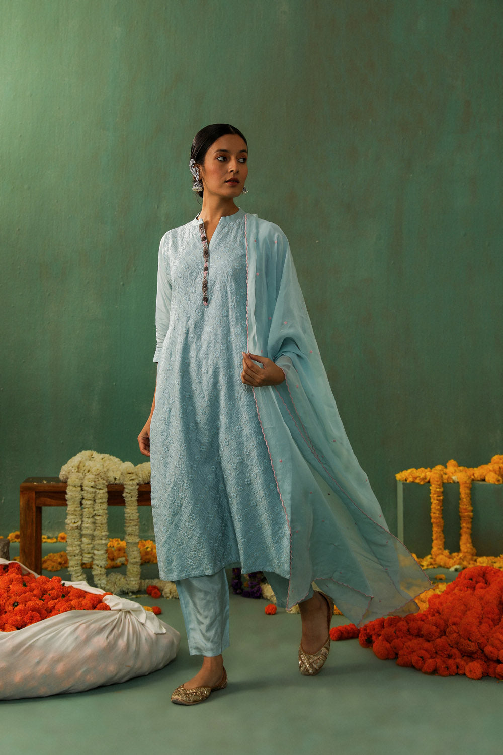 Powder Blue Cotton Silk Suit Set | HER-280