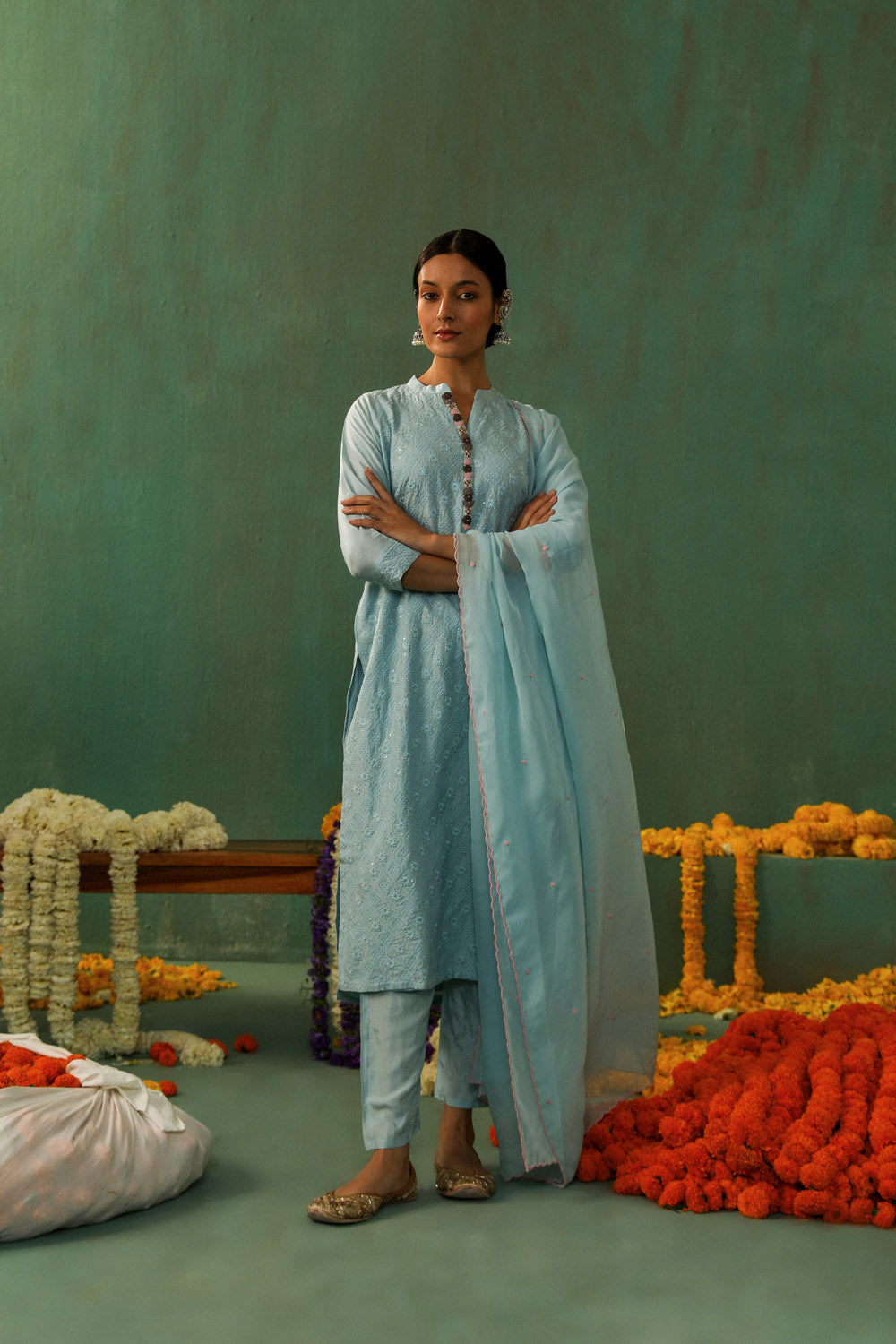 Powder Blue Cotton Silk Suit Set | HER-280