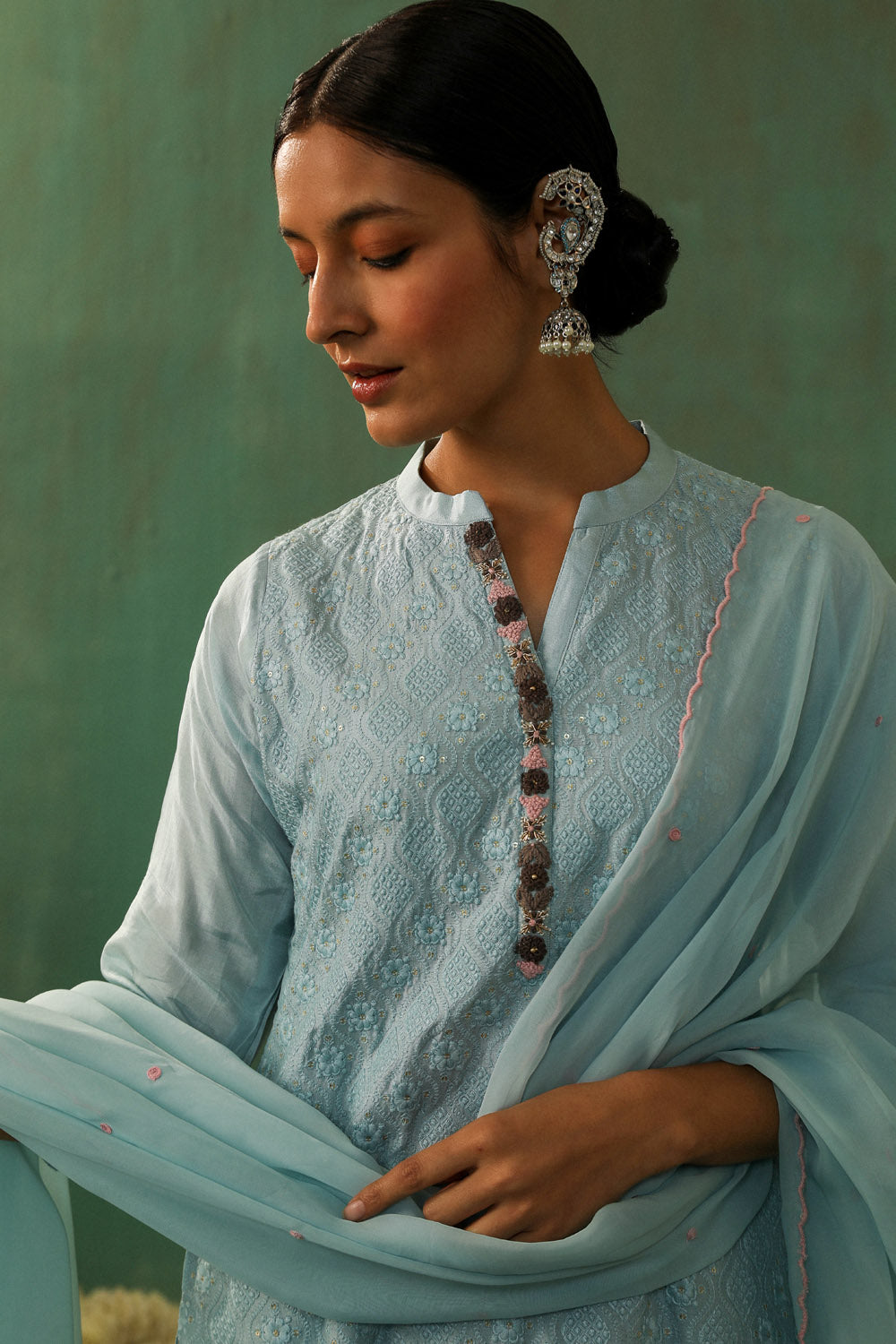 Powder Blue Cotton Silk Suit Set | HER-280