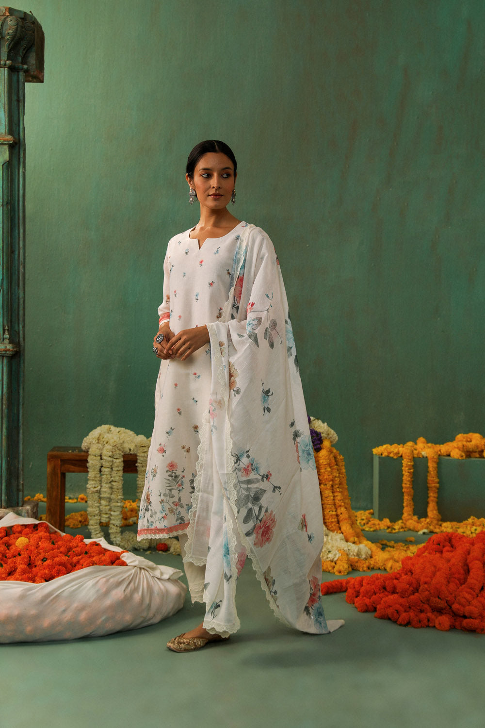 White Straight Fit Printed Linen Suit Set